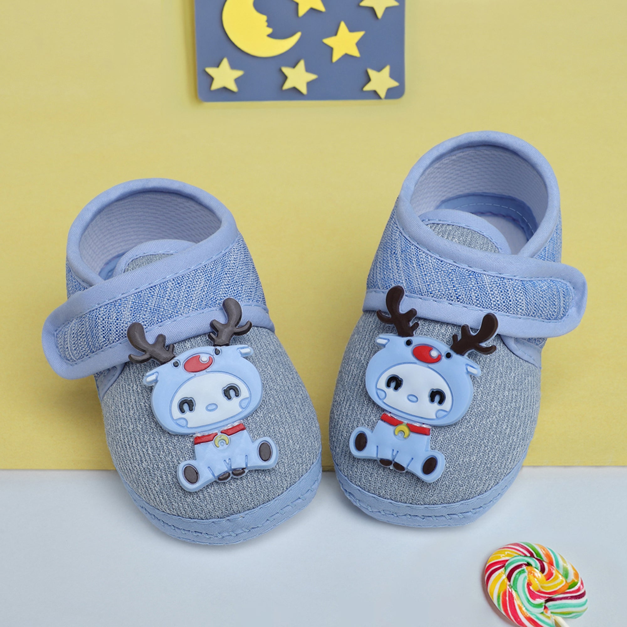 Baby Moo Deer Velcro Strap Anti-Skid Fabric Sneaker Booties - Blue