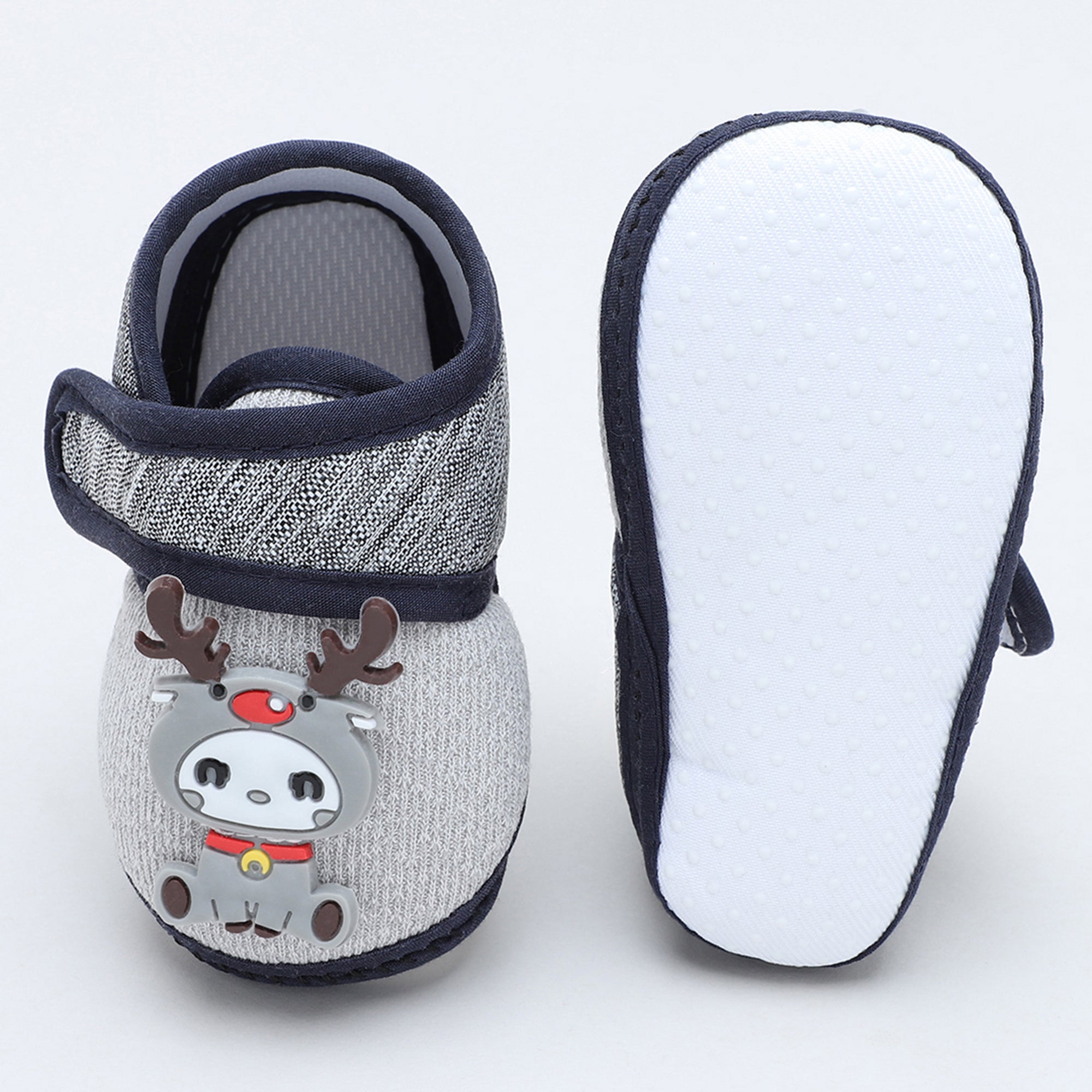 Baby Moo Deer Velcro Strap Anti-Skid Fabric Sneaker Booties - Grey