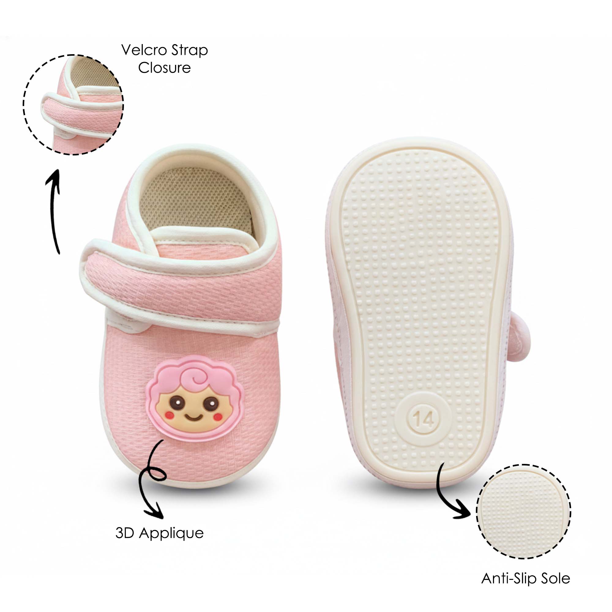Baby Moo Lamb Velcro Strap Anti-Skid Sneakers Booties-Pink