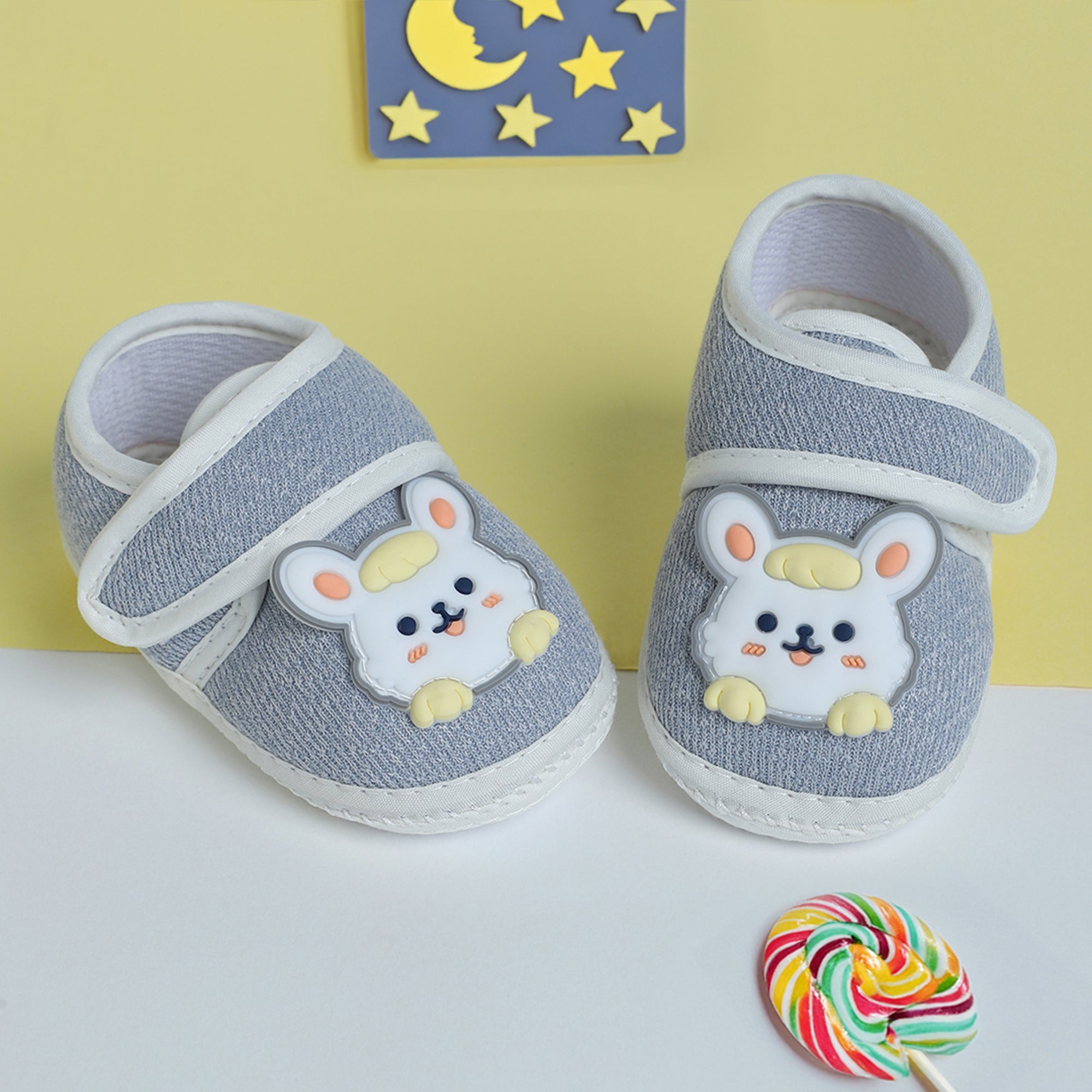 Baby Moo Mouse Velcro Strap Anti-Skid Fabric Sneaker Booties - Grey