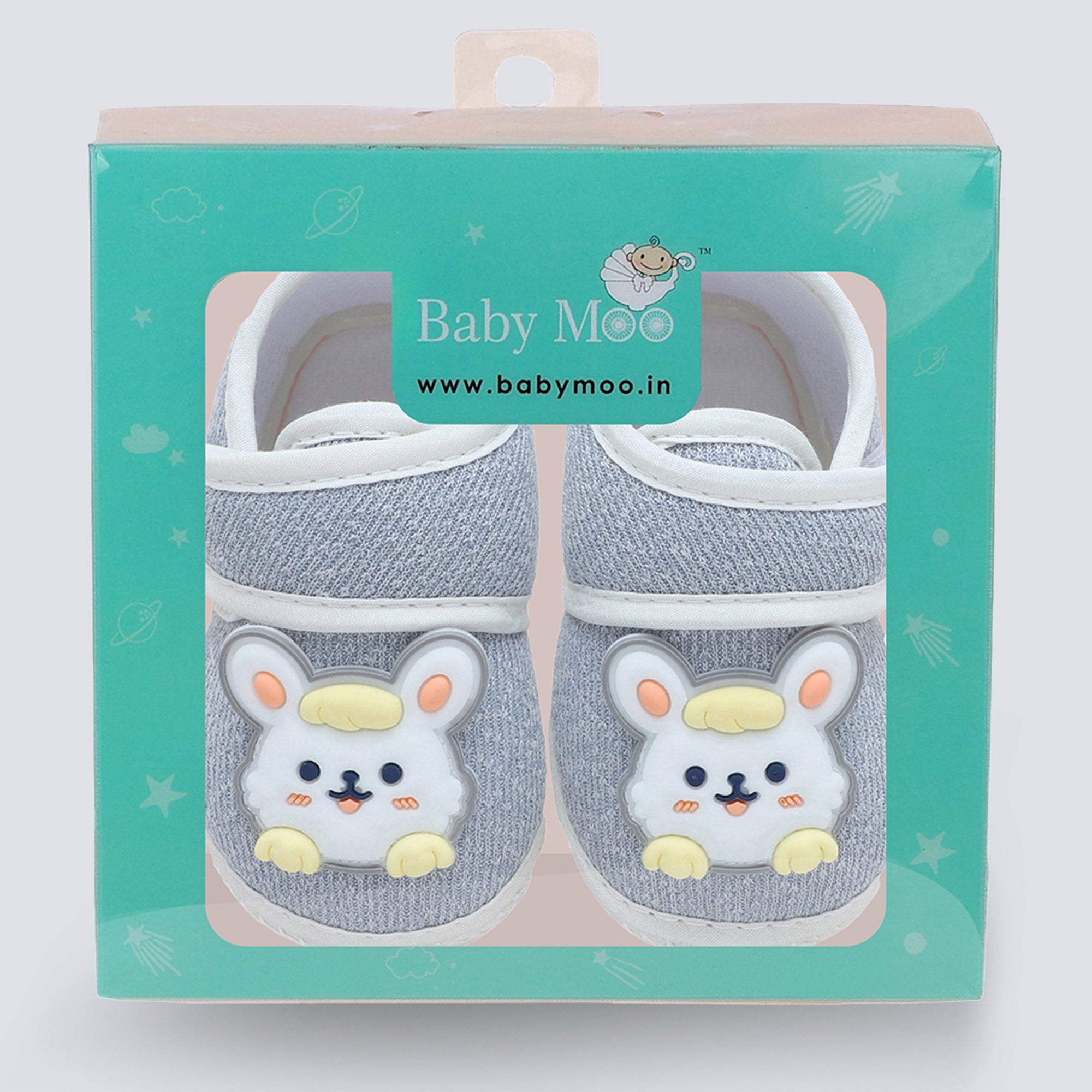 Baby Moo Mouse Velcro Strap Anti-Skid Fabric Sneaker Booties - Grey
