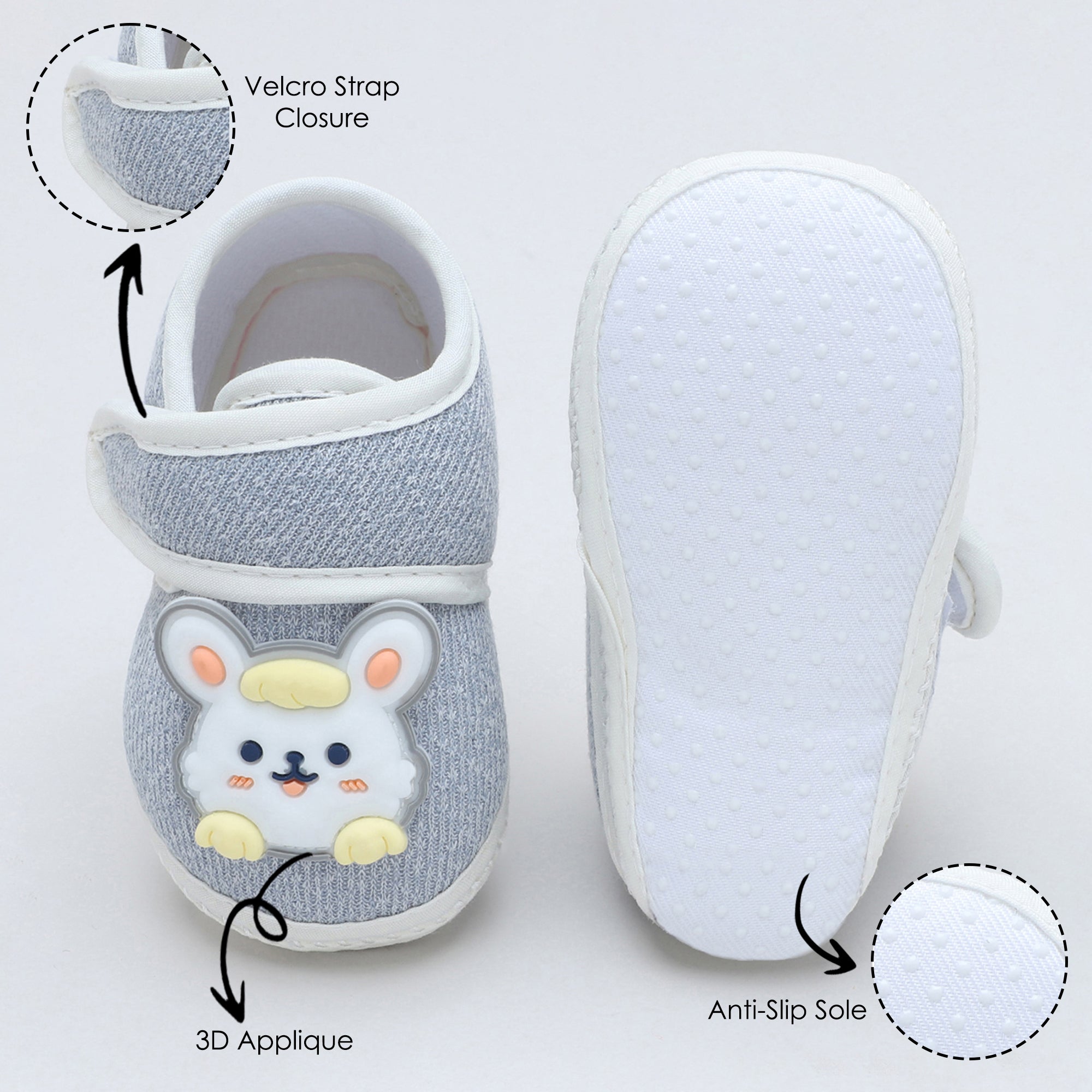 Baby Moo Mouse Velcro Strap Anti-Skid Fabric Sneaker Booties - Grey