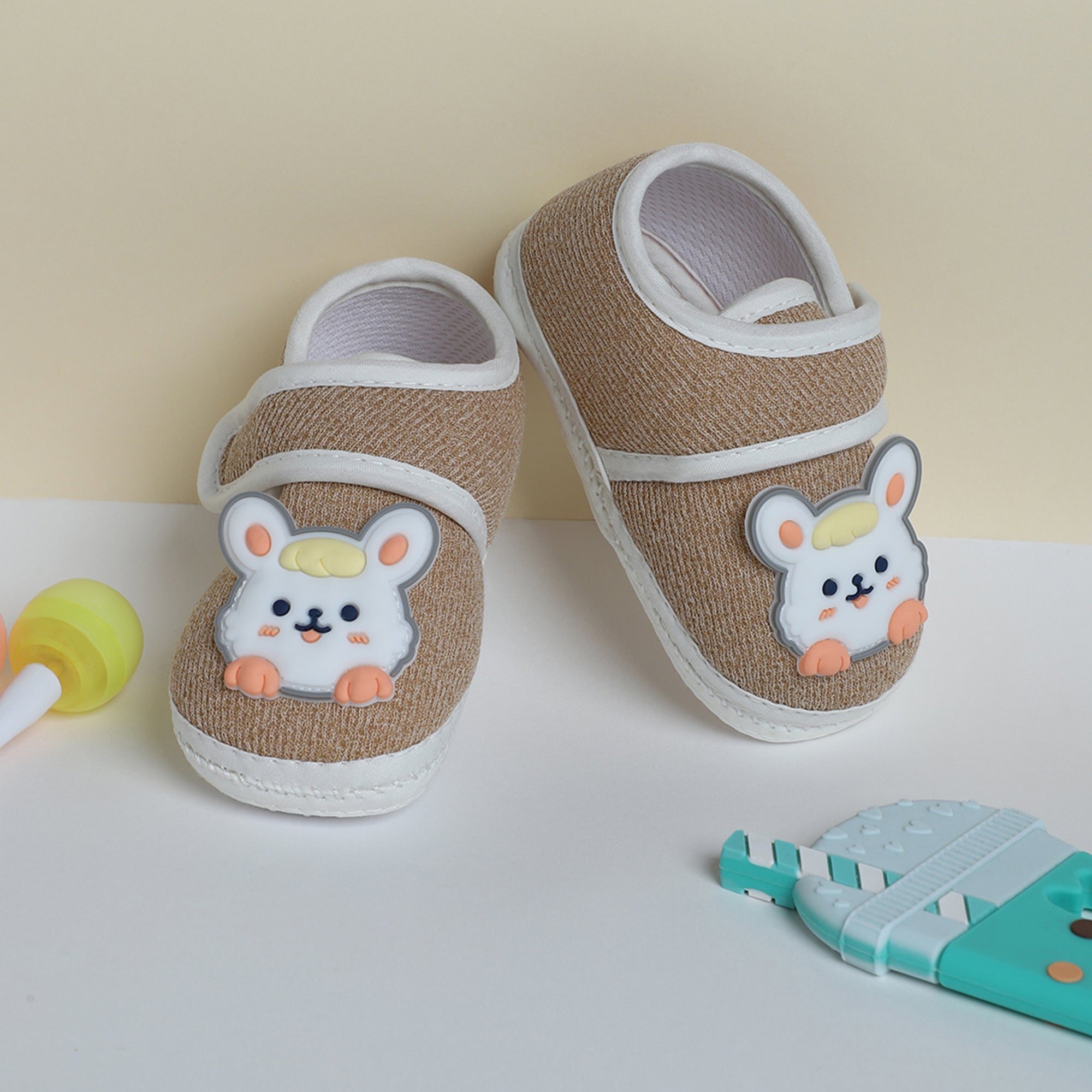 Baby Moo Mouse Velcro Strap Anti-Skid Fabric Sneaker Booties - Khaki