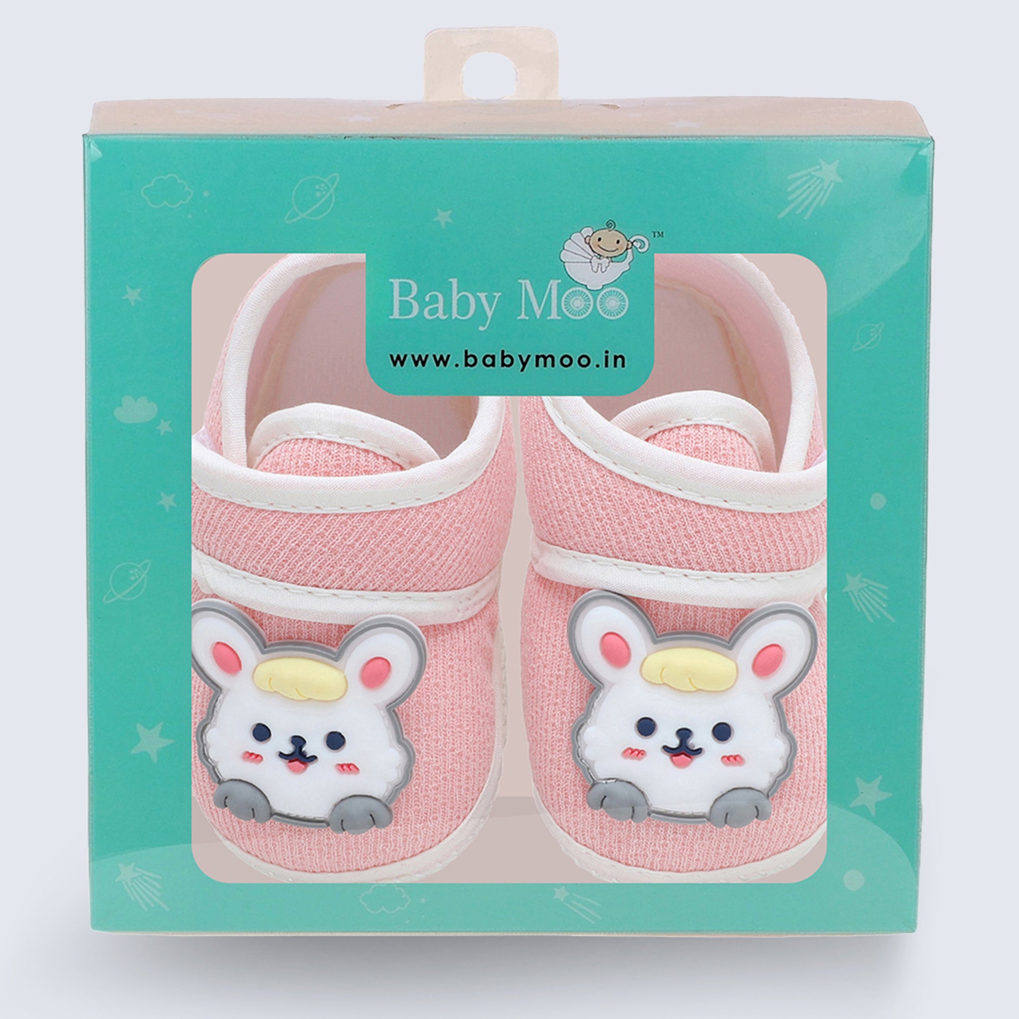 Baby Moo Mouse Velcro Strap Anti-Skid Fabric Sneaker Booties - Pink
