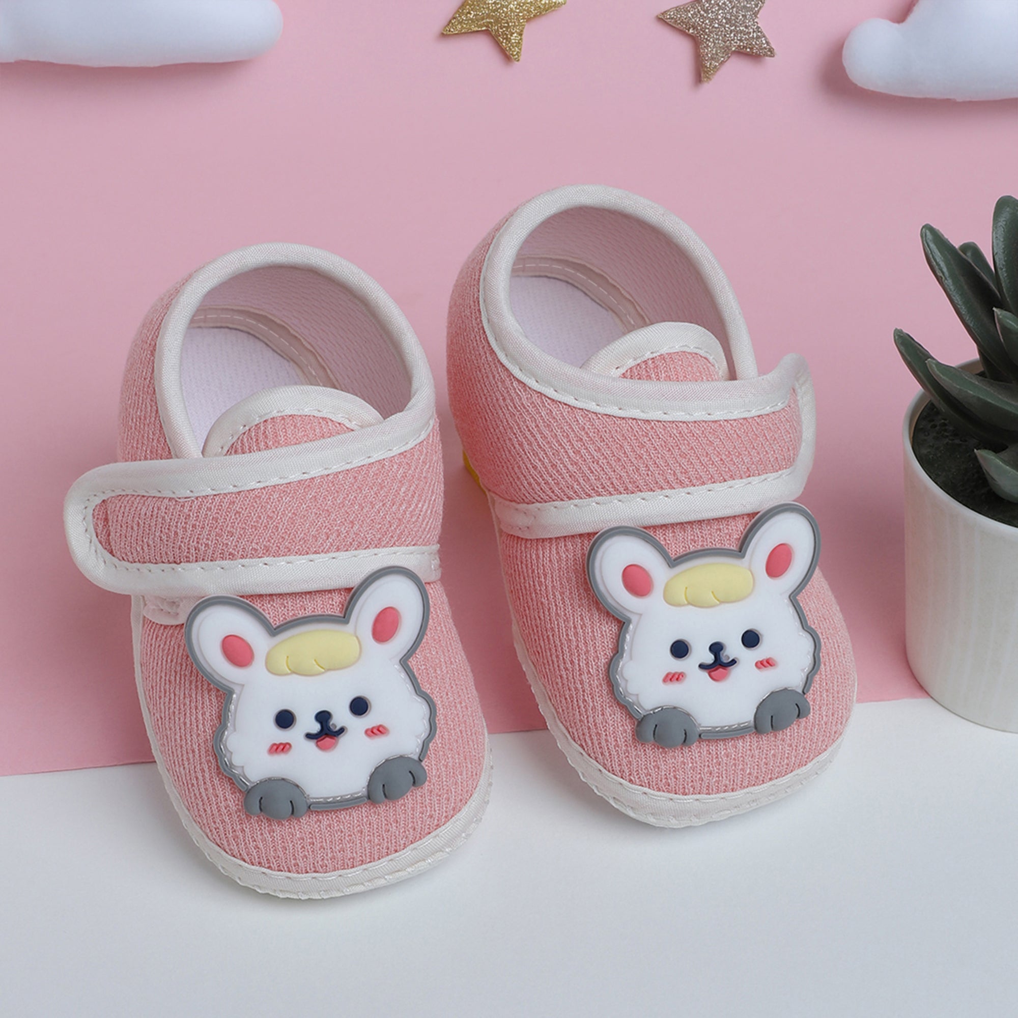 Baby Moo Mouse Velcro Strap Anti-Skid Fabric Sneaker Booties - Pink