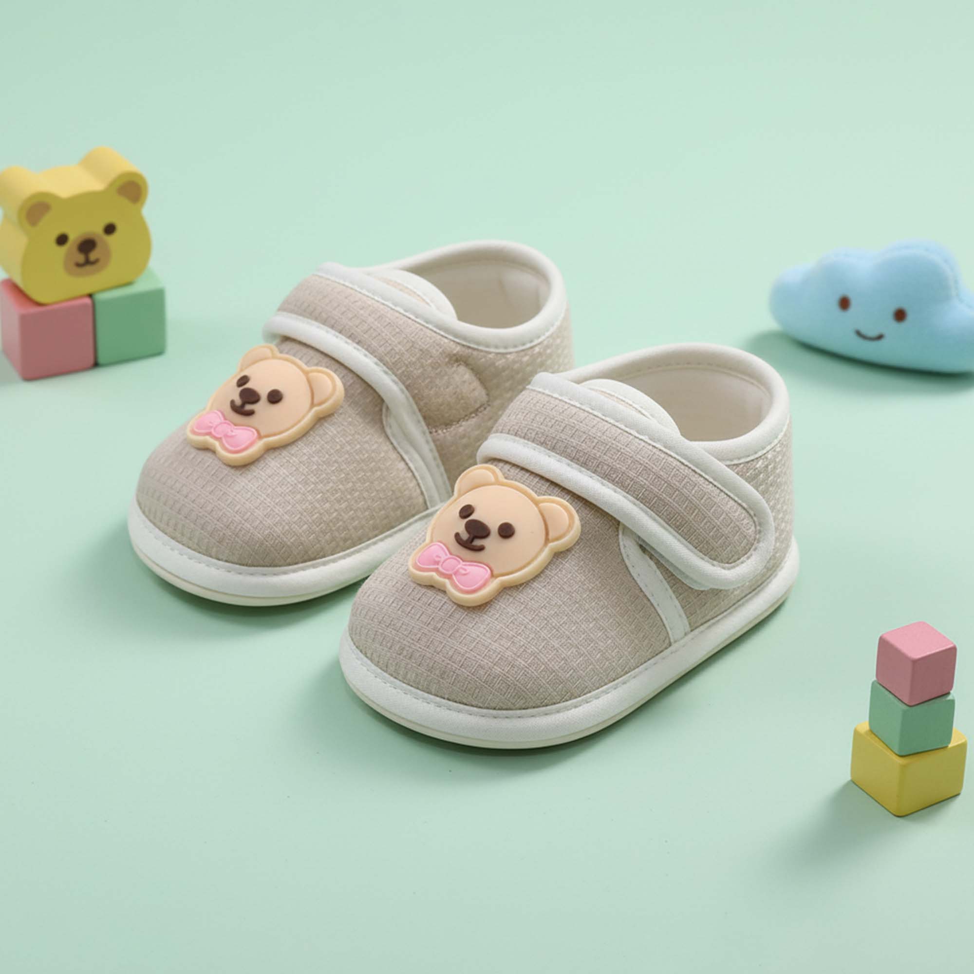 Baby Moo Teddy Velcro Strap Anti-Skid Sneakers Booties-Beige