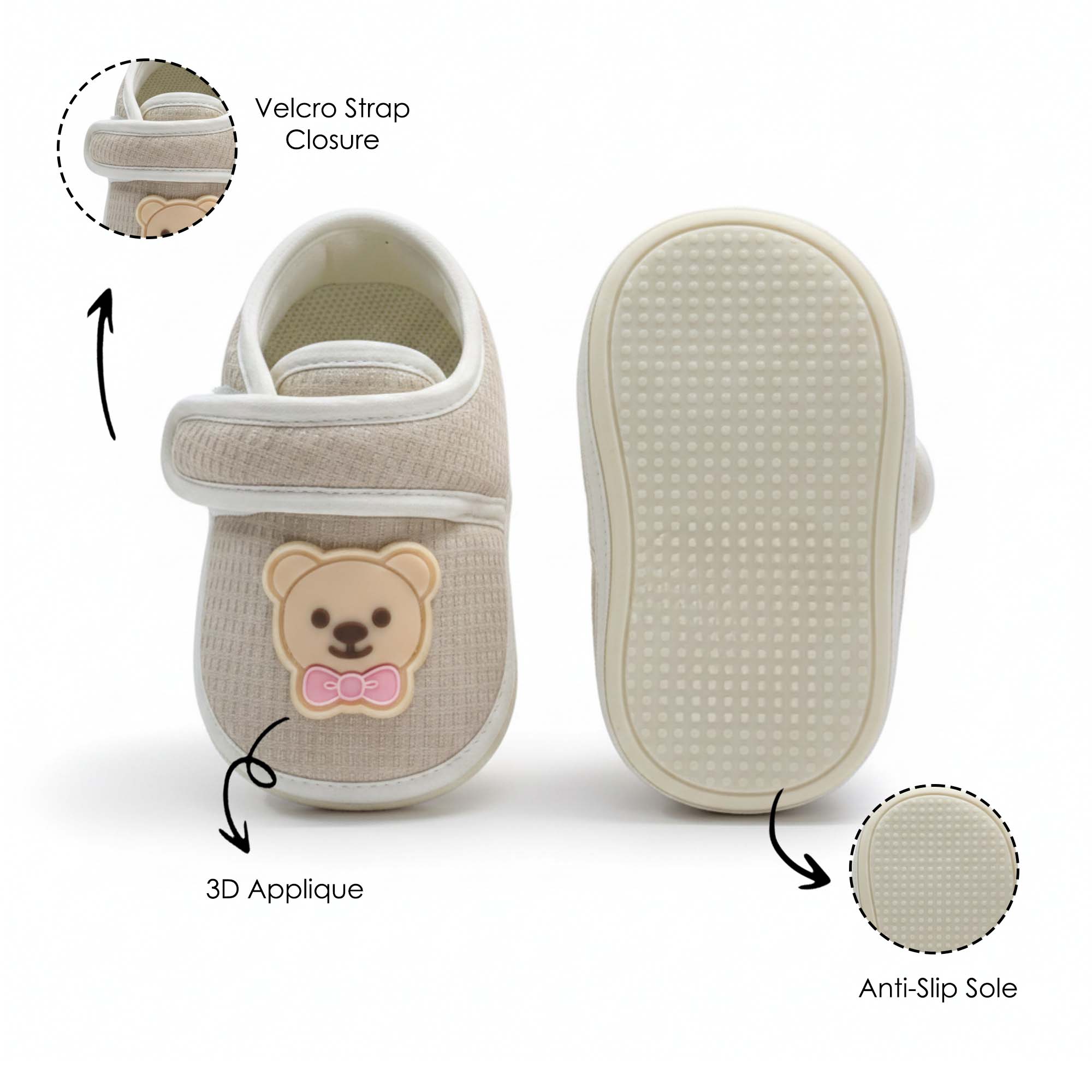 Baby Moo Teddy Velcro Strap Anti-Skid Sneakers Booties-Beige