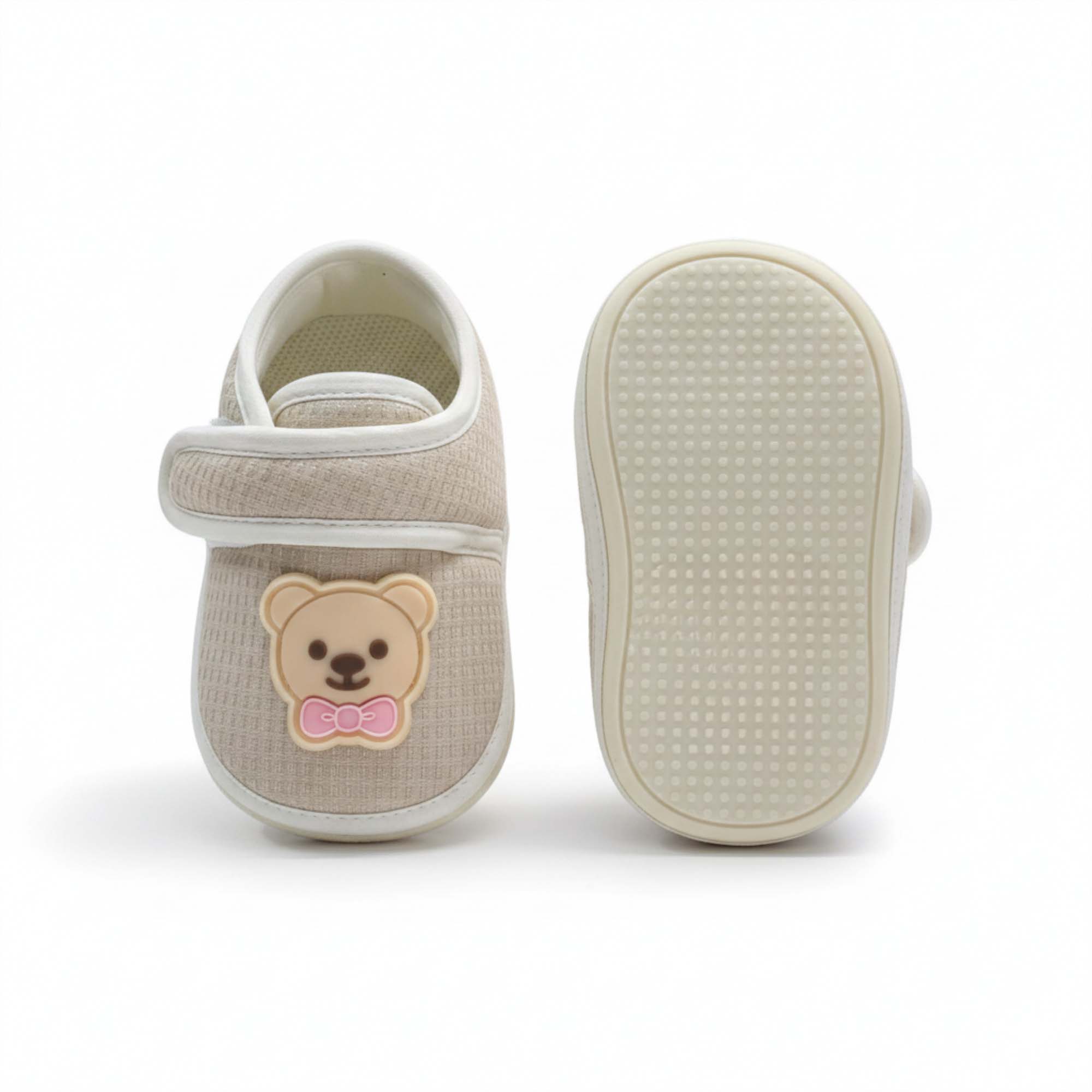 Baby Moo Teddy Velcro Strap Anti-Skid Sneakers Booties-Beige