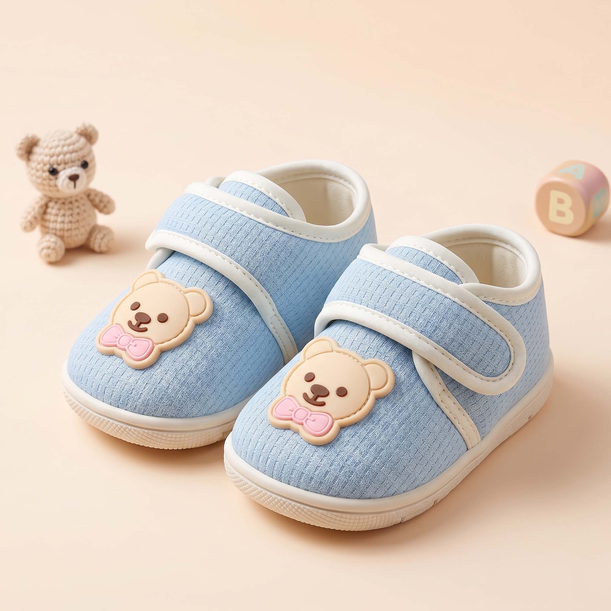 Baby Moo Teddy Velcro Strap Anti-Skid Sneakers Booties-Blue