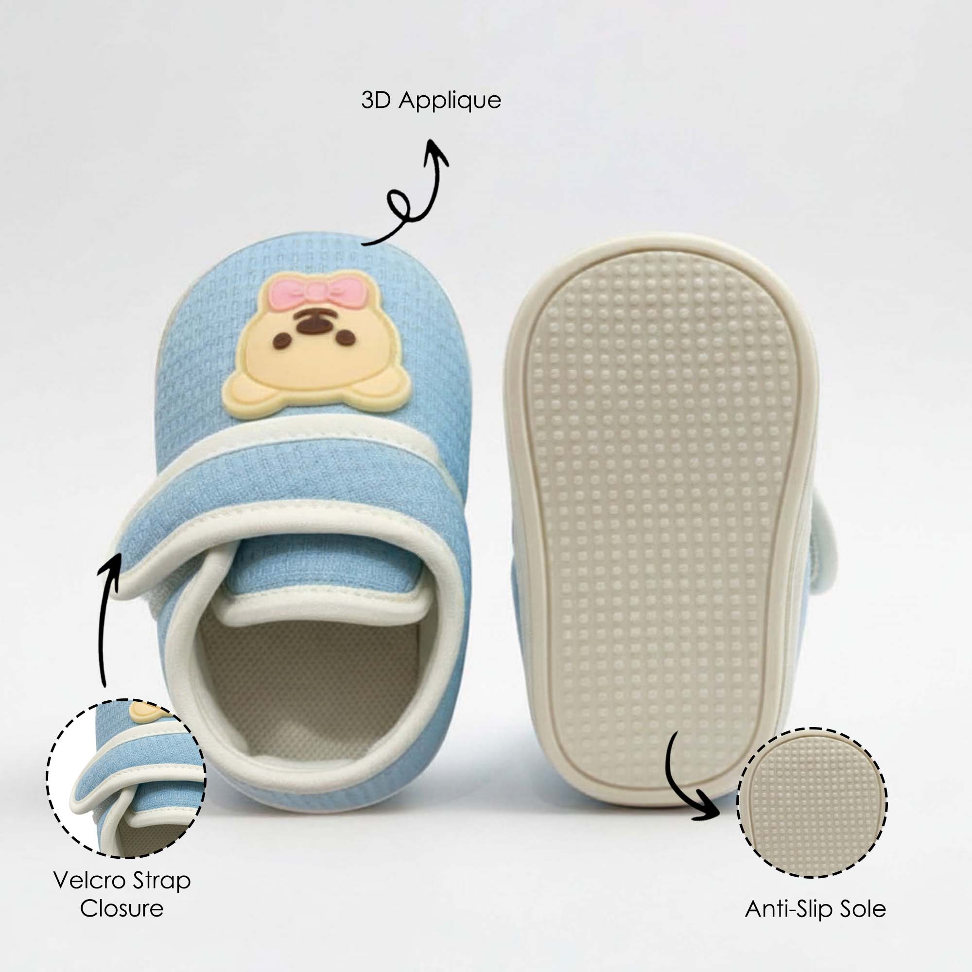 Baby Moo Teddy Velcro Strap Anti-Skid Sneakers Booties-Blue
