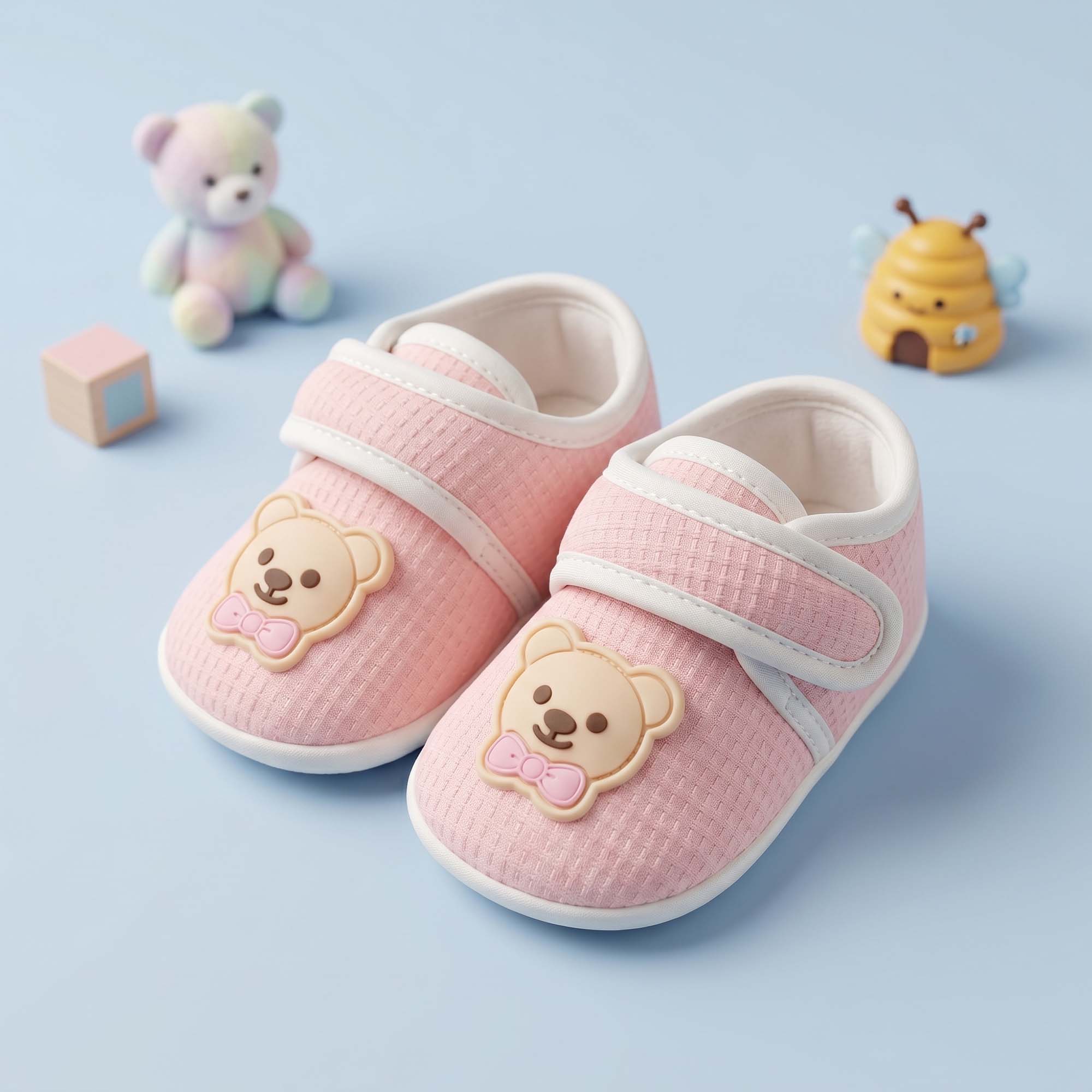 Baby Moo Teddy Velcro Strap Anti-Skid Sneakers Booties-Pink