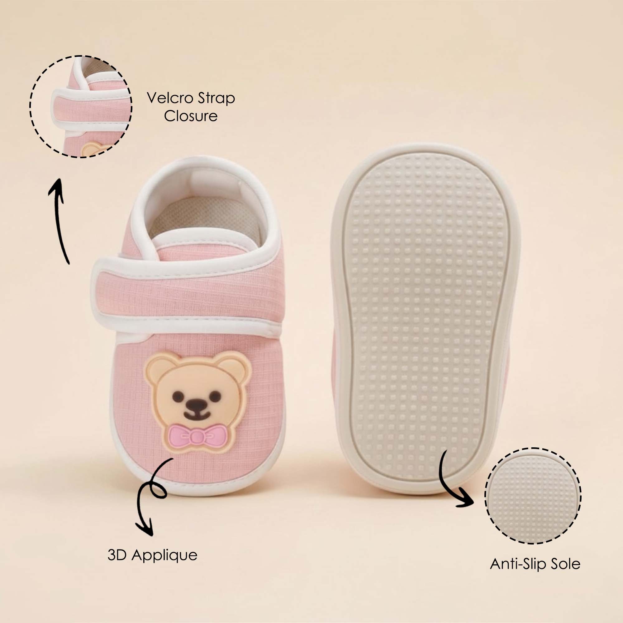 Baby Moo Teddy Velcro Strap Anti-Skid Sneakers Booties-Pink