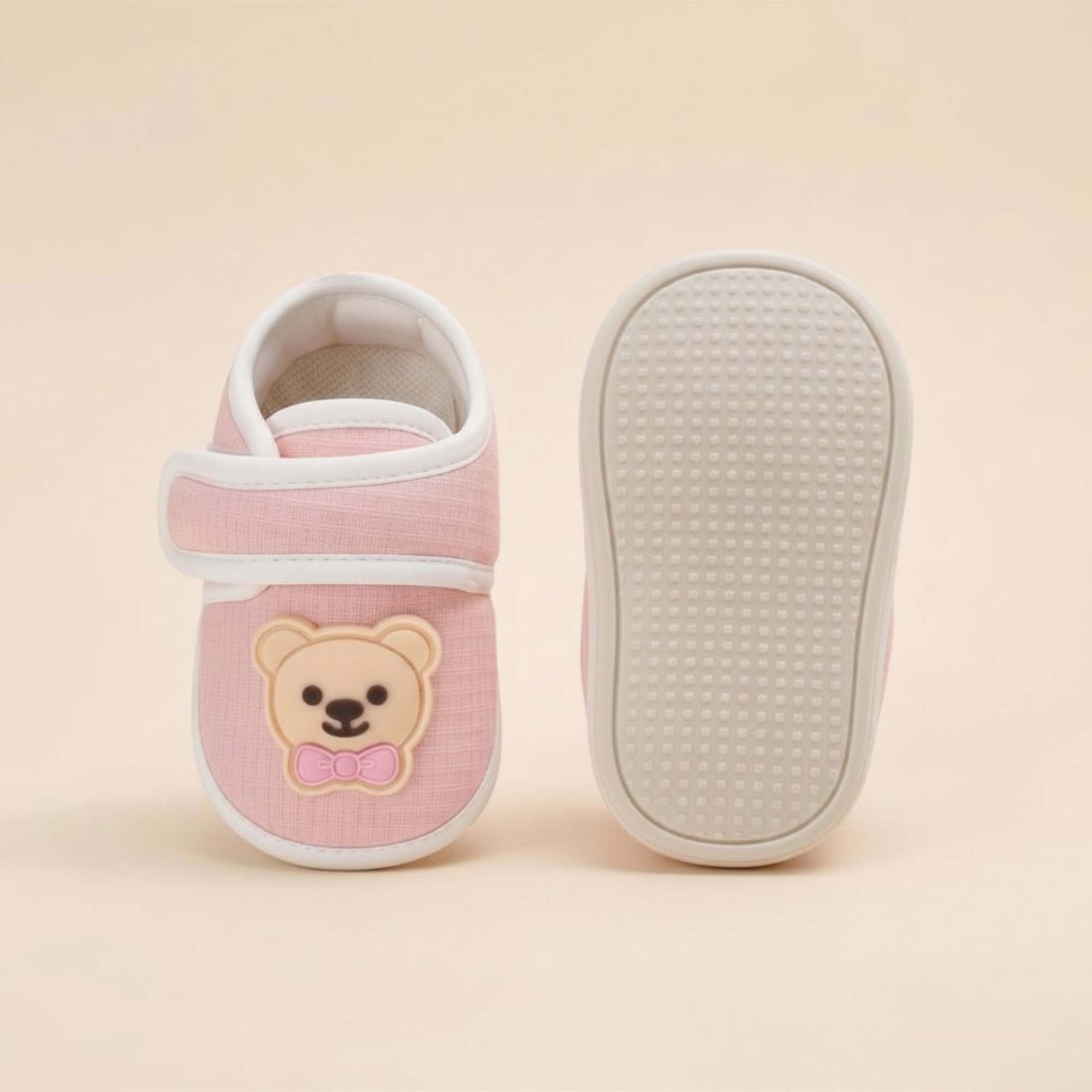 Baby Moo Teddy Velcro Strap Anti-Skid Sneakers Booties-Pink