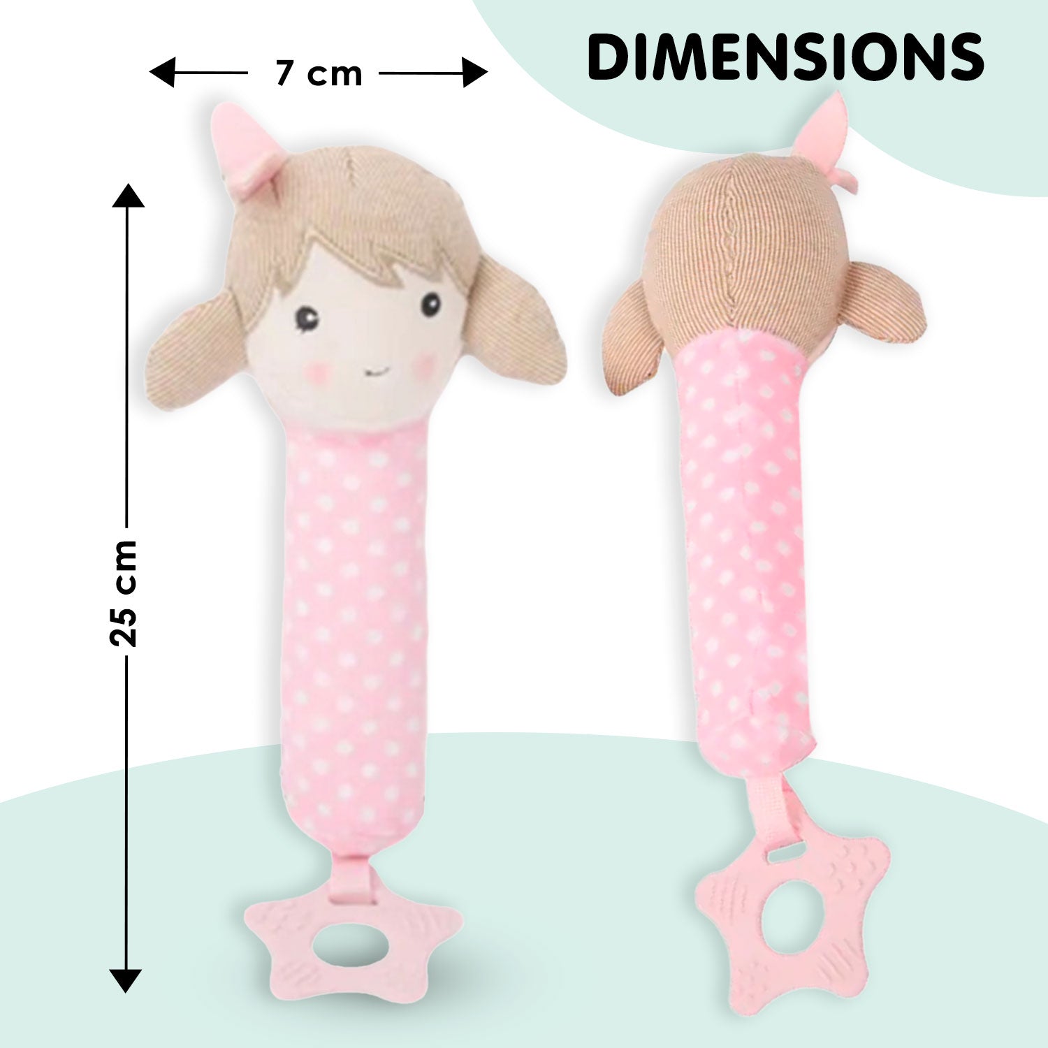 Baby Moo Pigtail Doll Squeaker With Teether Handheld Rattle Toy - Pink