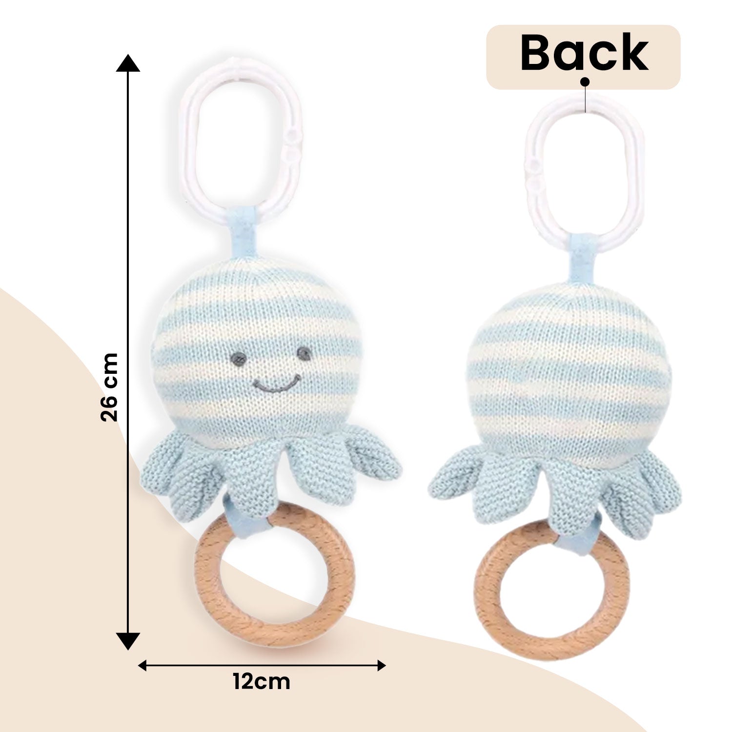 Baby Moo Octopus Wooden Ring Hand Grab Soft Crochet Vibration Pulling Toy - Blue
