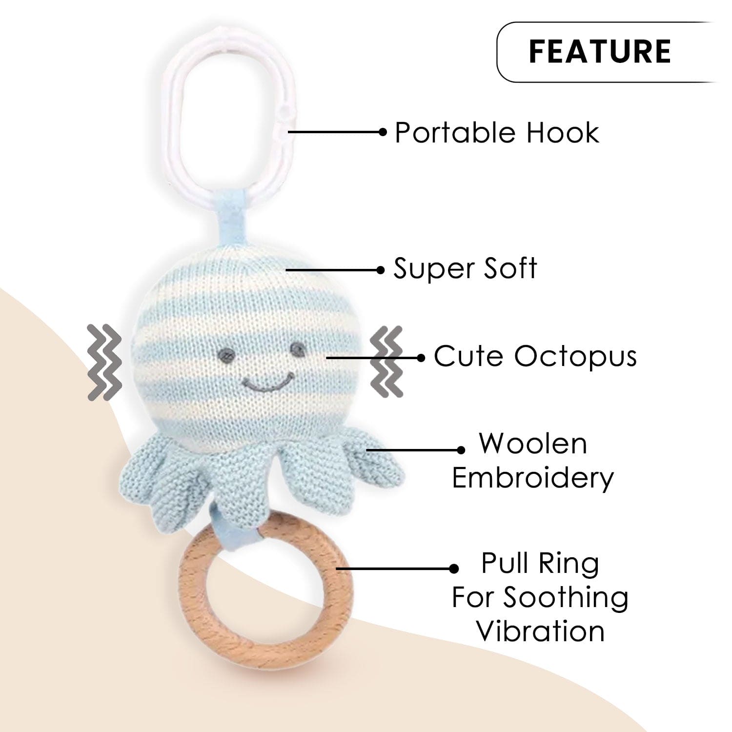 Baby Moo Octopus Wooden Ring Hand Grab Soft Crochet Vibration Pulling Toy - Blue