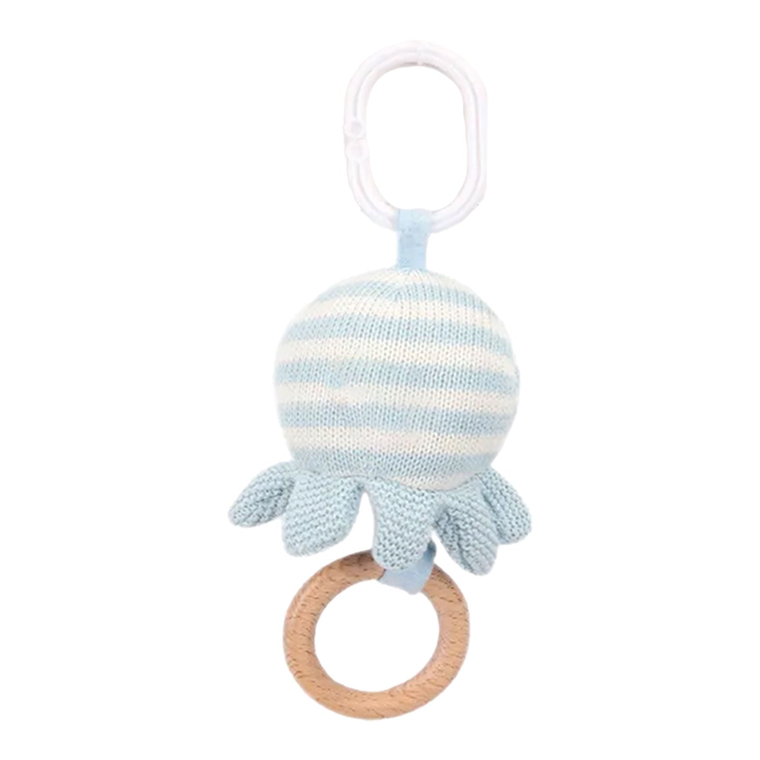 Baby Moo Octopus Wooden Ring Hand Grab Soft Crochet Vibration Pulling Toy - Blue