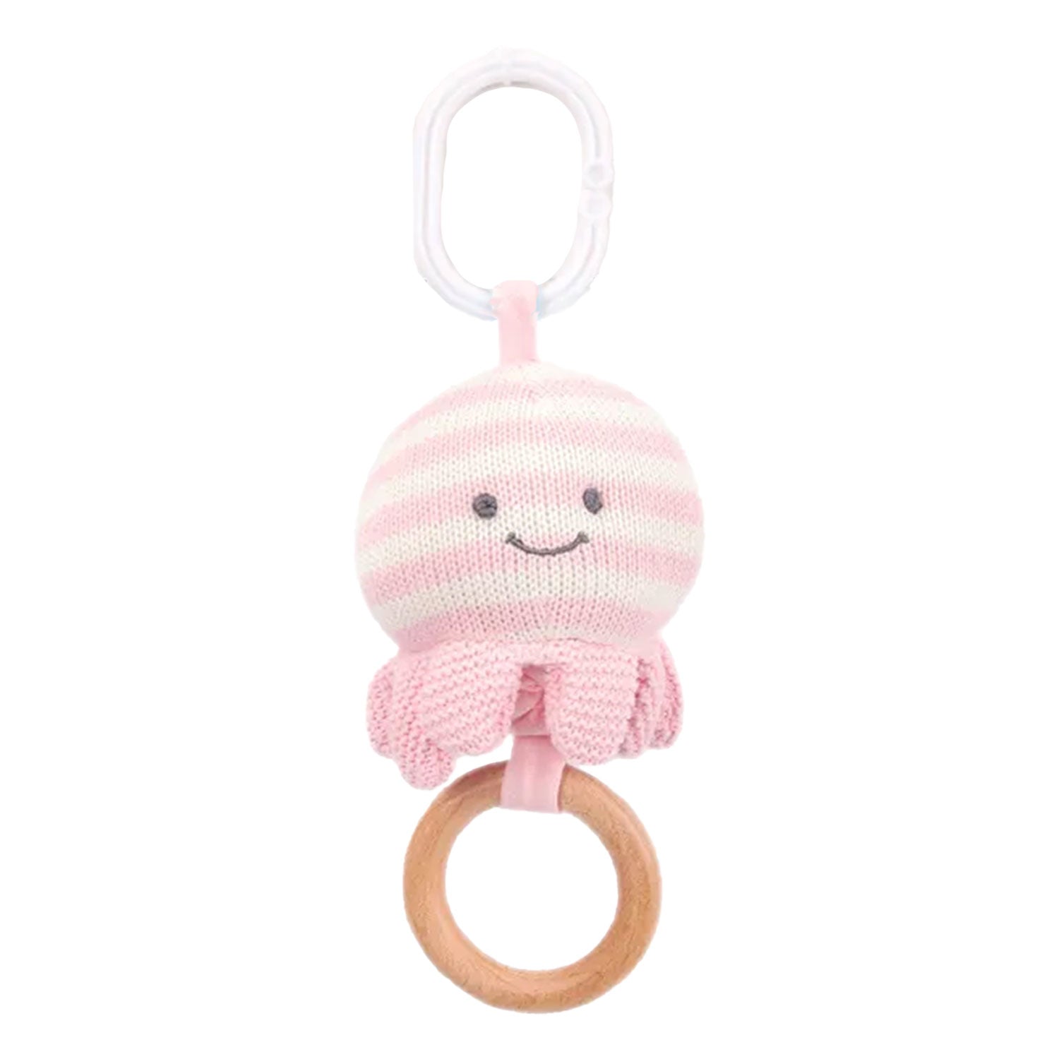 Baby Moo Octopus Wooden Ring Hand Grab Soft Crochet Vibration Pulling Toy - Pink