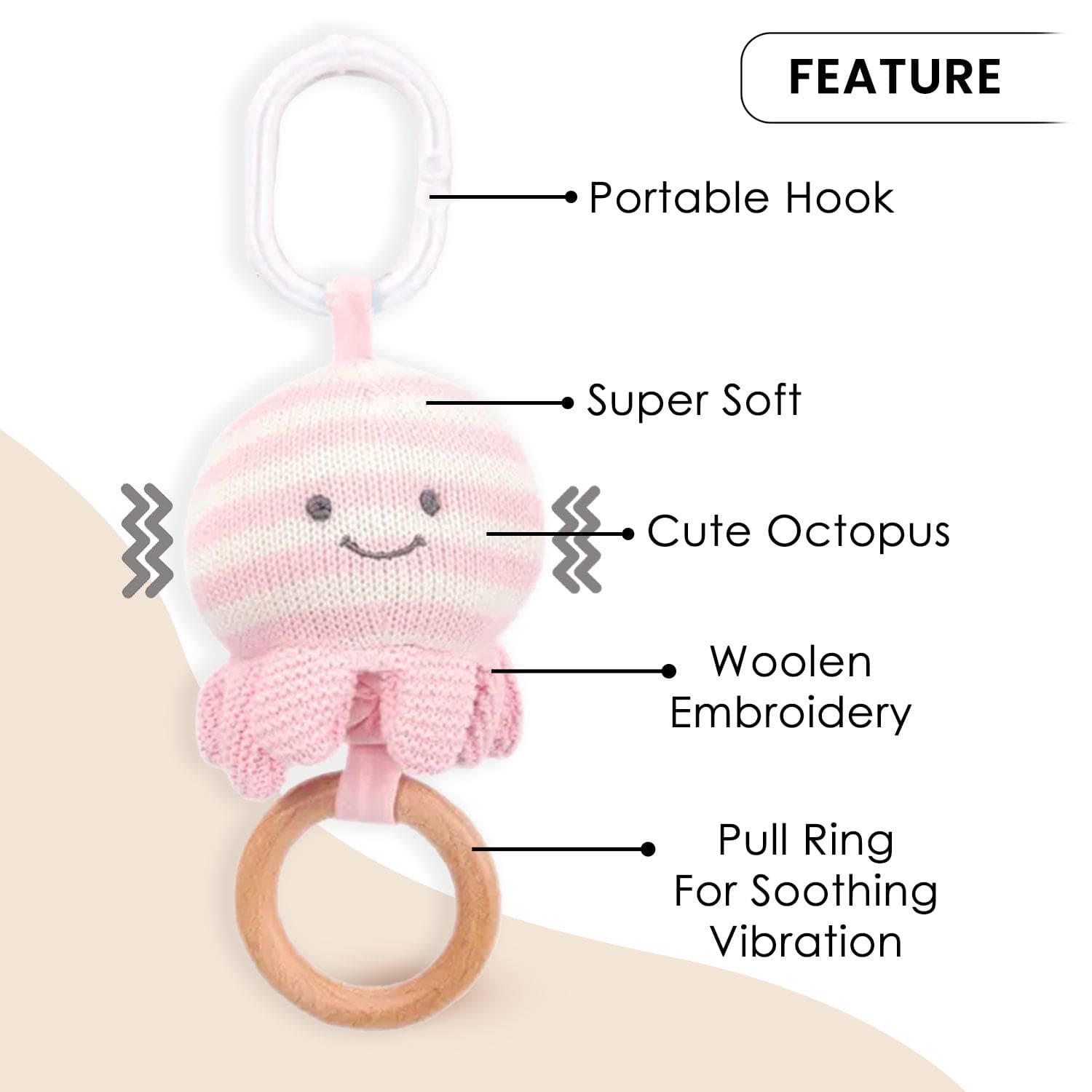 Baby Moo Octopus Wooden Ring Hand Grab Soft Crochet Vibration Pulling Toy - Pink