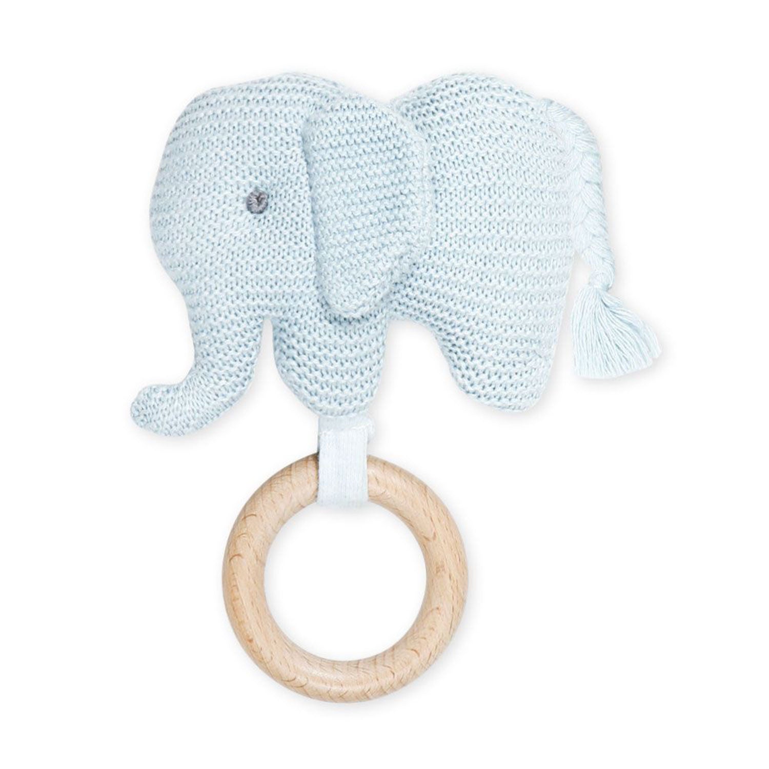 Baby Moo Elephant Wooden Teething Ring Soft Knitted Handheld Rattle - Blue