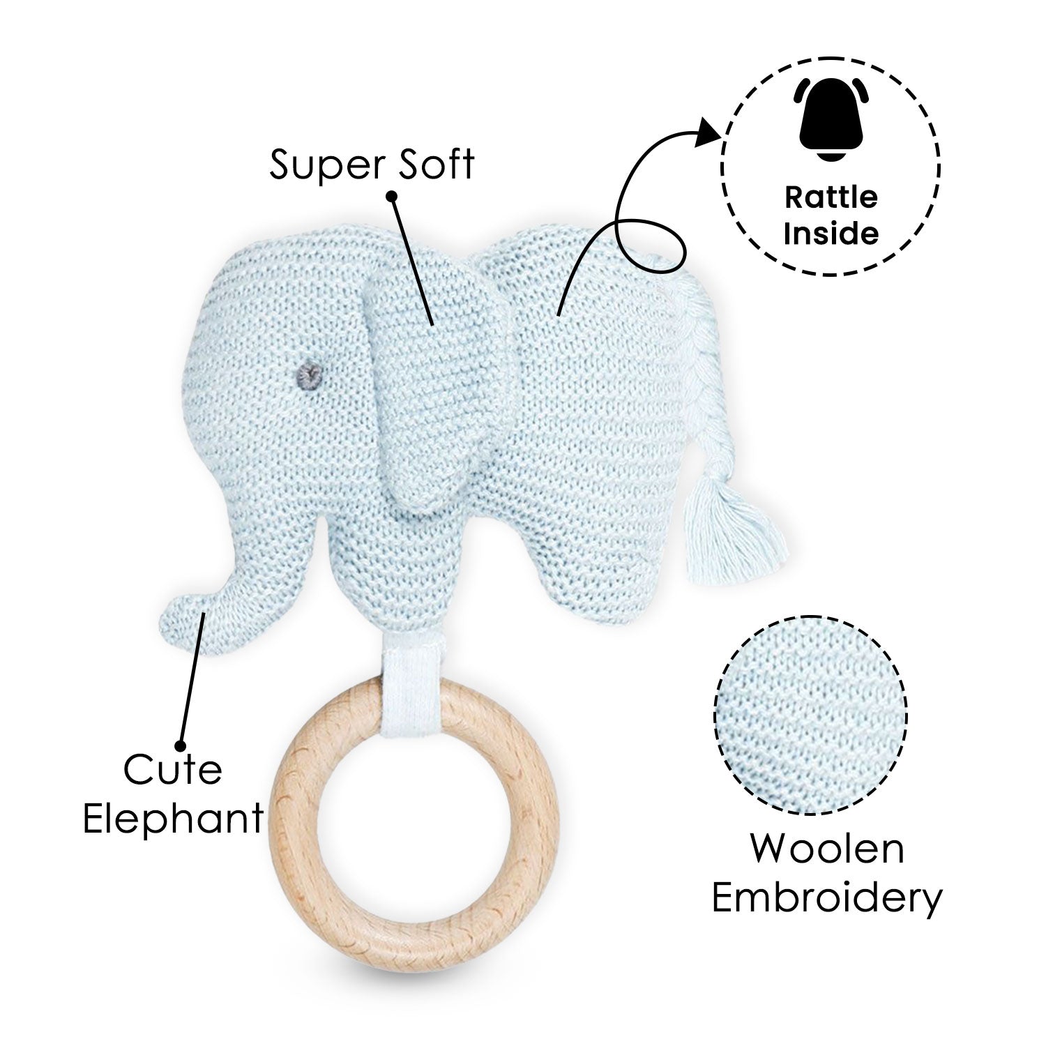Baby Moo Elephant Wooden Teething Ring Soft Knitted Handheld Rattle - Blue