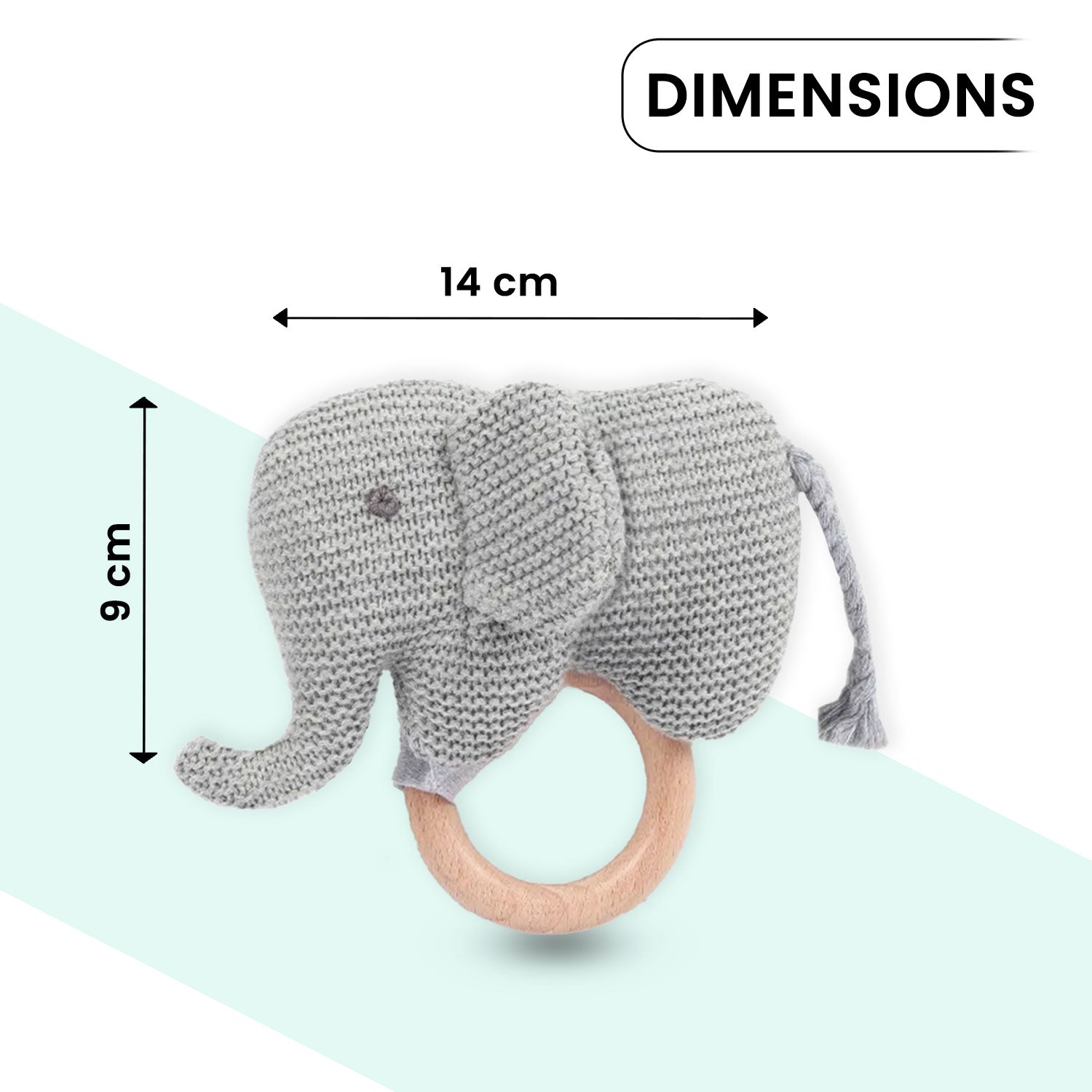 Baby Moo Elephant Wooden Teething Ring Soft Knitted Handheld Rattle - Grey
