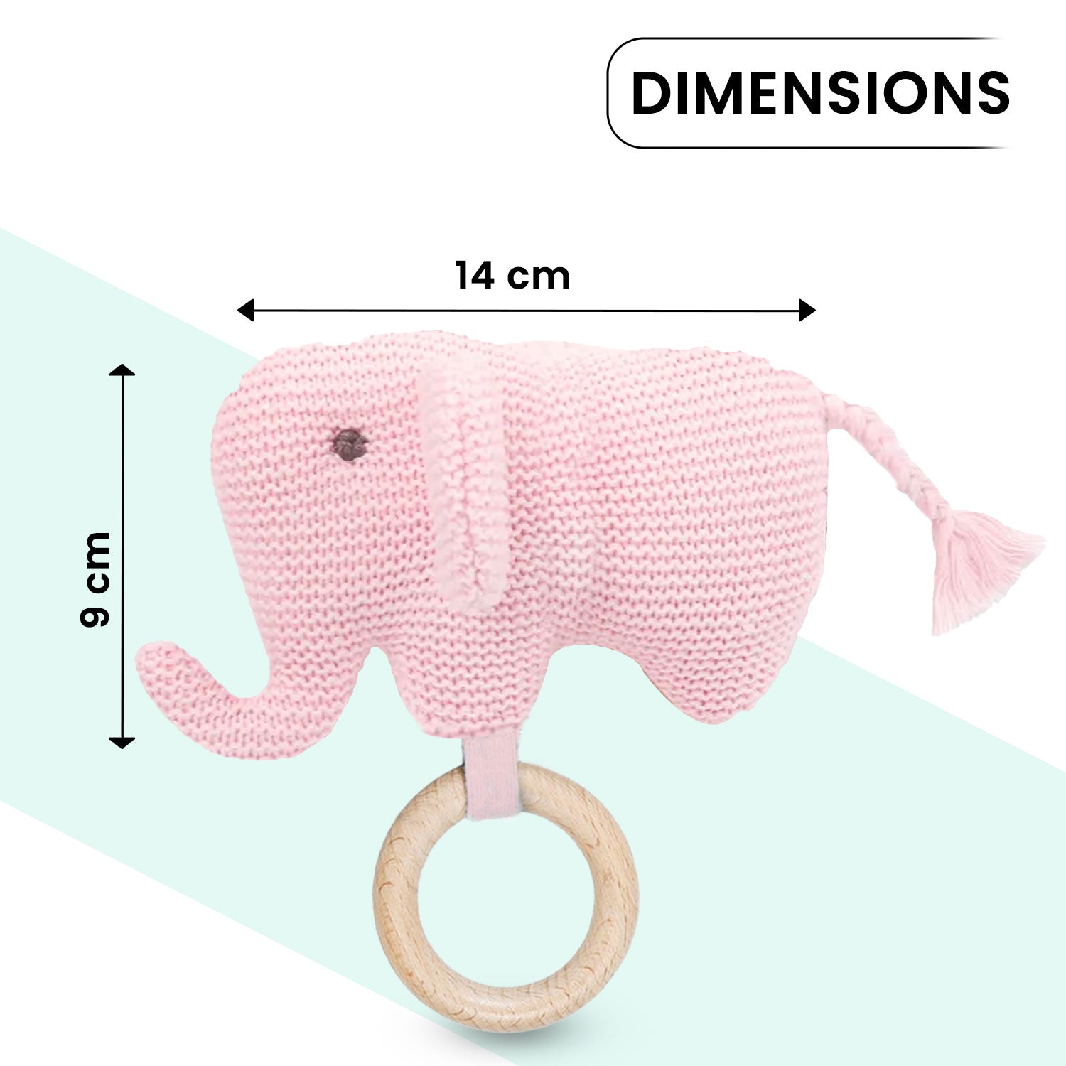Baby Moo Elephant Wooden Teething Ring Soft Knitted Handheld Rattle - Pink