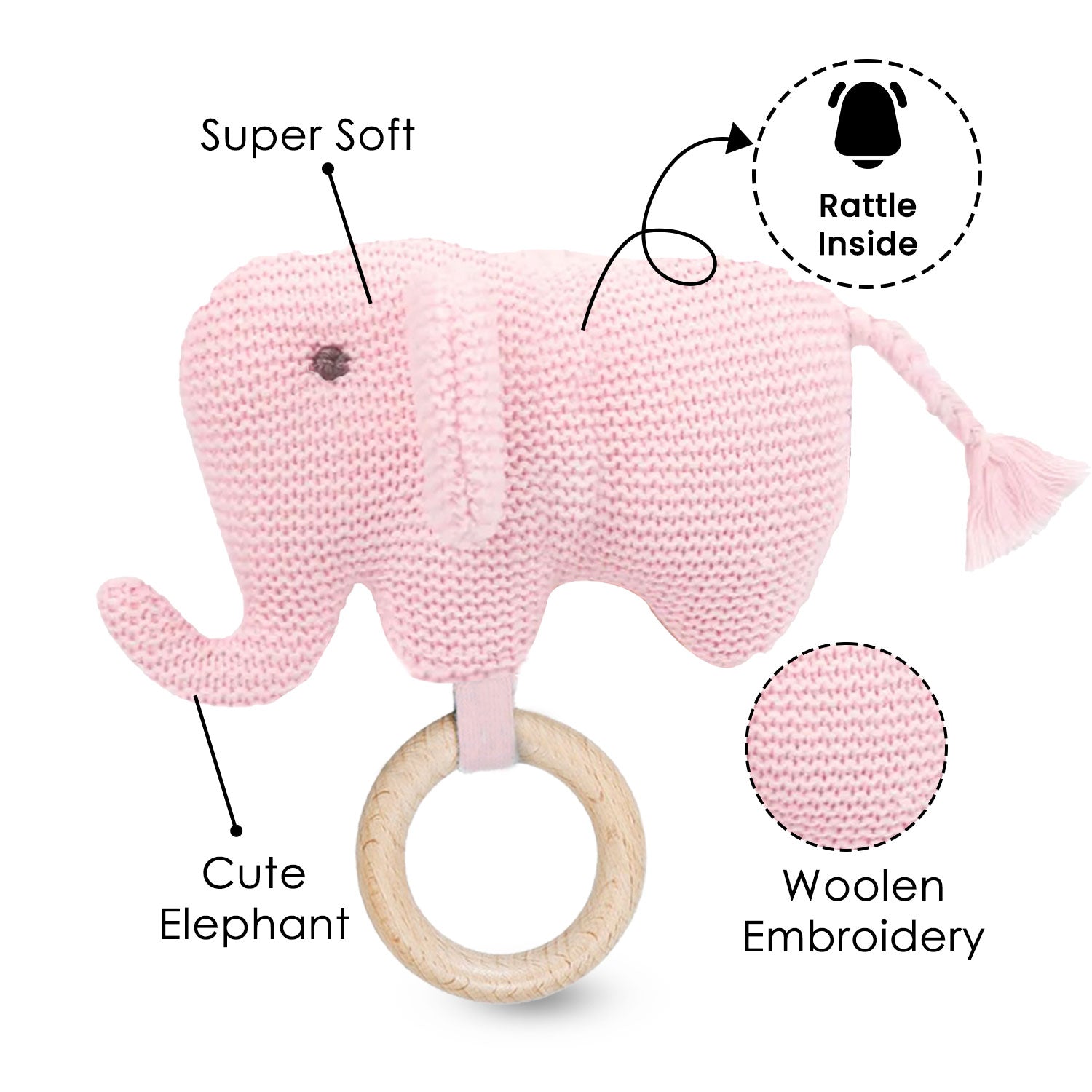 Baby Moo Elephant Wooden Teething Ring Soft Knitted Handheld Rattle - Pink