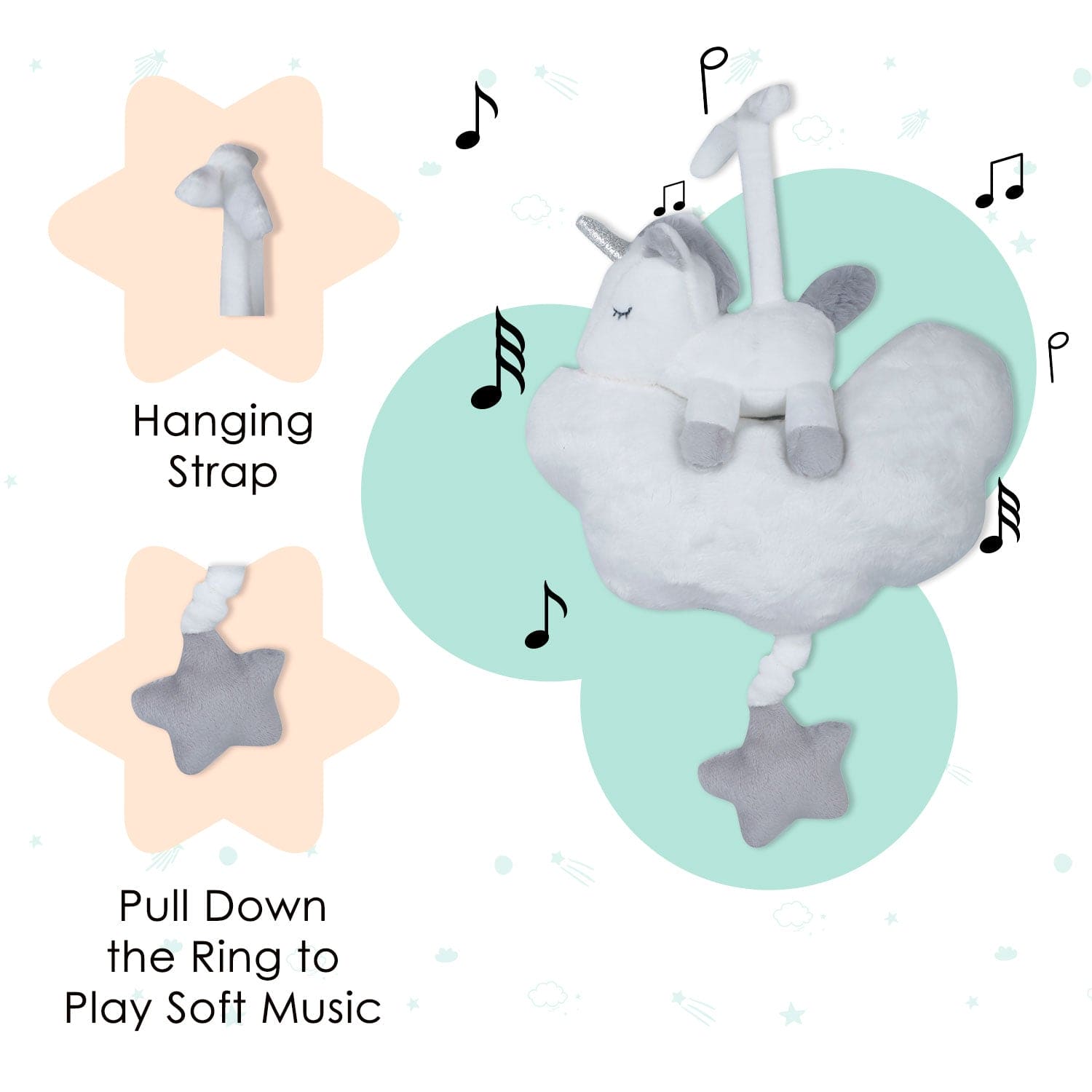 Baby Moo Sleepy Unicorn Hanging Musical Pulling Toy - White