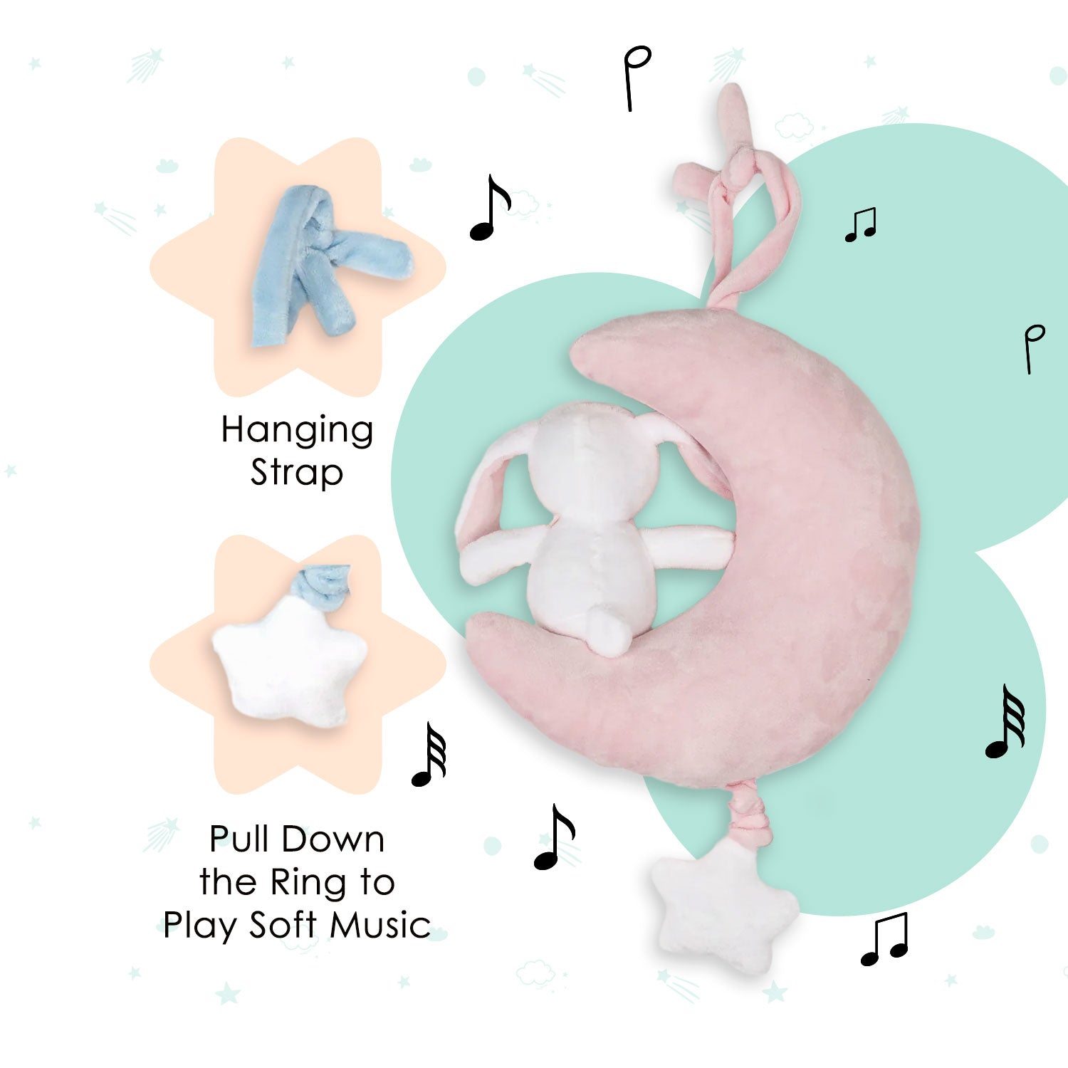 Baby Moo Bear On The Moon Hanging Musical Pulling Toy - Pink