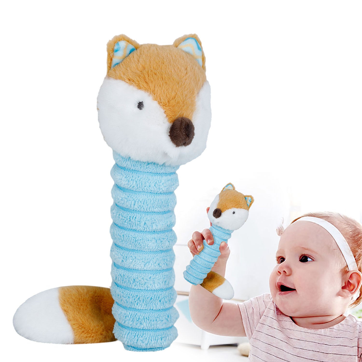 Baby Moo Clever Fox Squeaker And Rustle Paper Handheld Rattle Toy - Blue