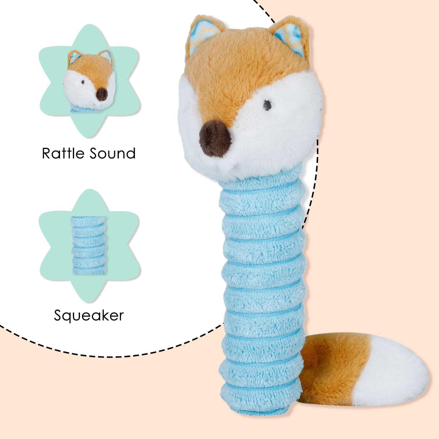 Baby Moo Clever Fox Squeaker And Rustle Paper Handheld Rattle Toy - Blue