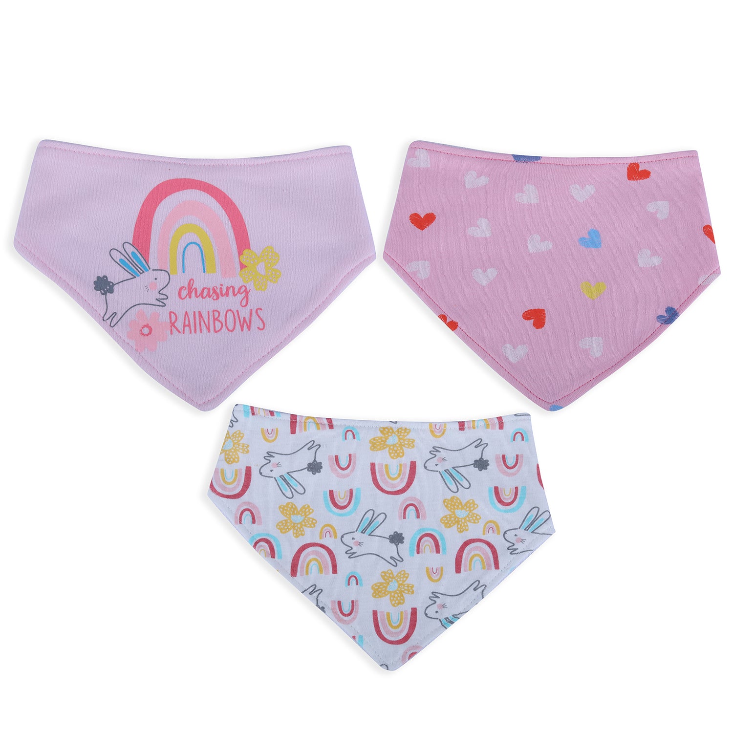 Baby Moo Bunny Chasing Rainbow  Cotton 3 Pack Bandana Bibs - Pink - Baby Moo