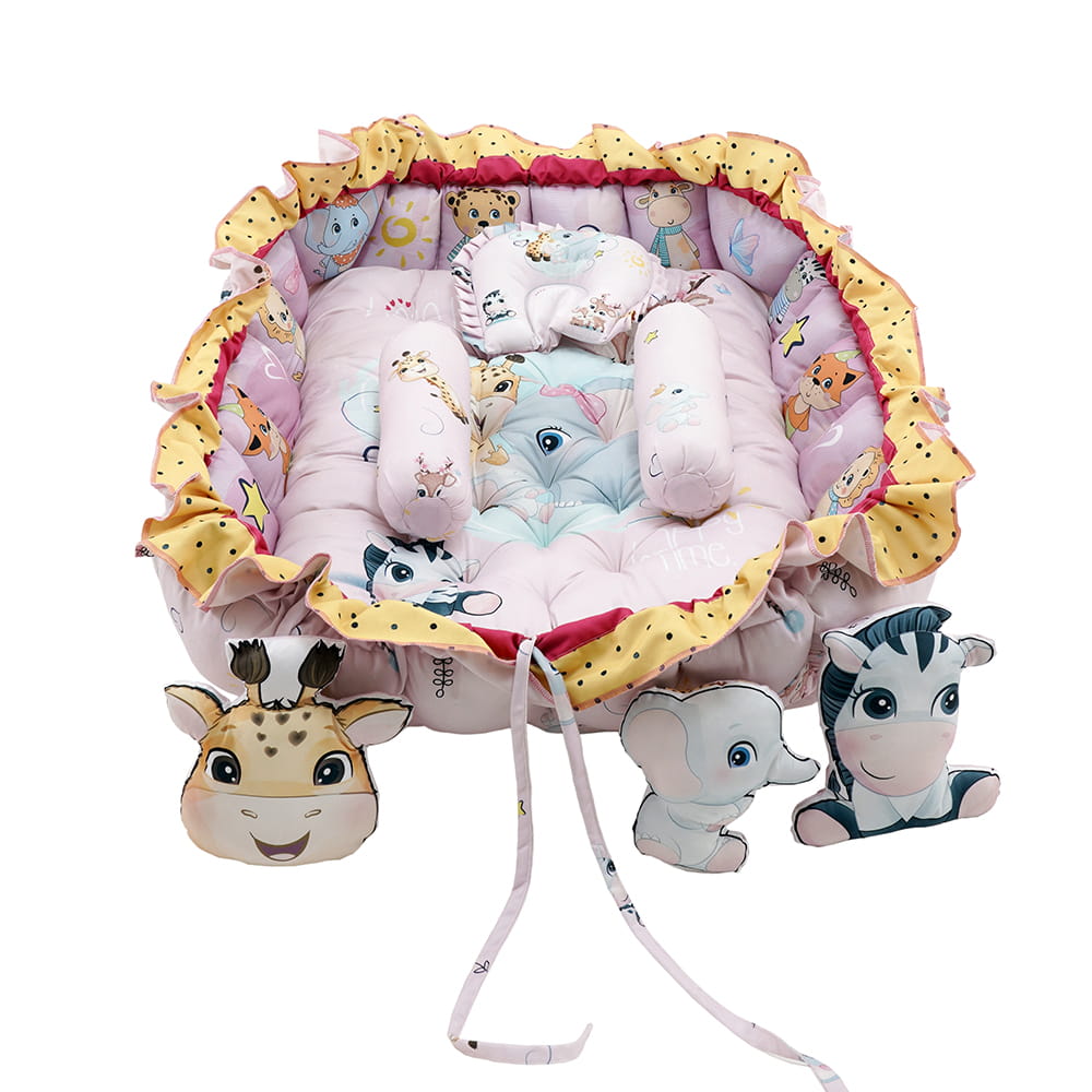 Baby Moo Animal Kingdom Premium Reversible Bedding Set With 6 Pillows And Tub Mattress Set - Pink - Baby Moo