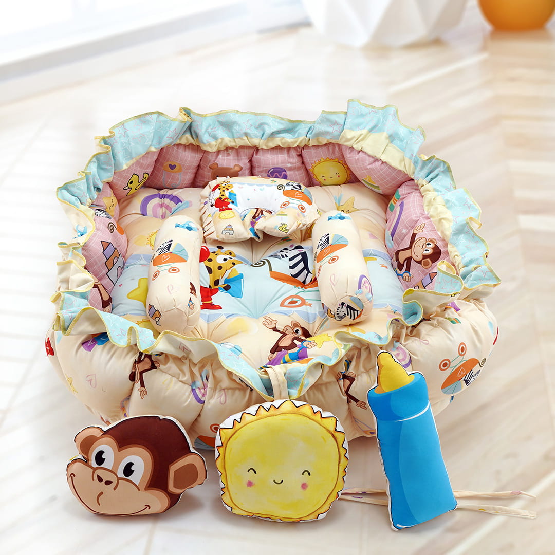 Baby Moo Zebra in Pram Premium Reversible Bedding Set With 6 Pillows And Tub Mattress Set - YELLOW - Baby Moo