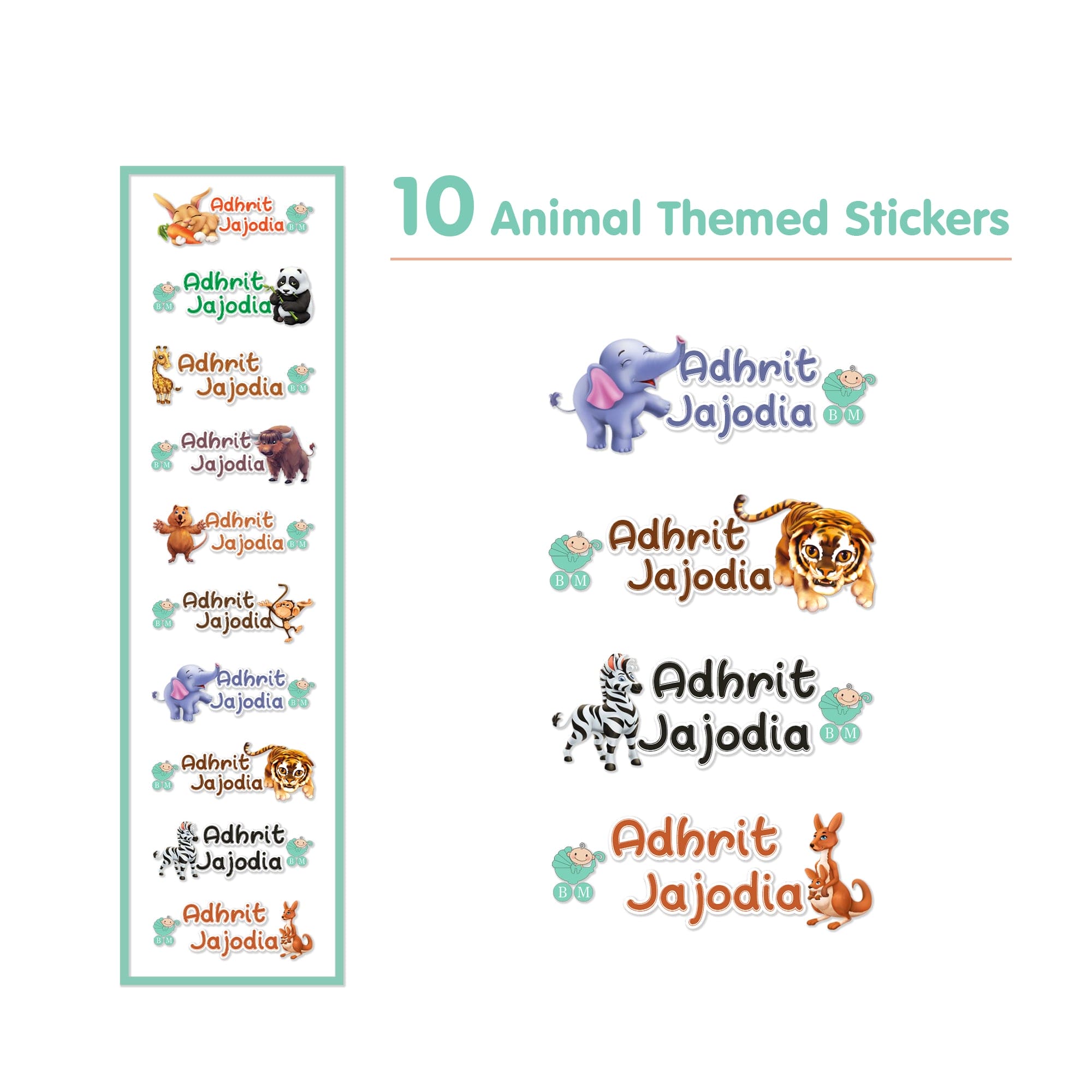 Baby Moo Animals Personalised Name Self Adhesive Transparent Embossed Stickers, 3D Labels 10 Pcs Stationery Set for Children - Multicolour