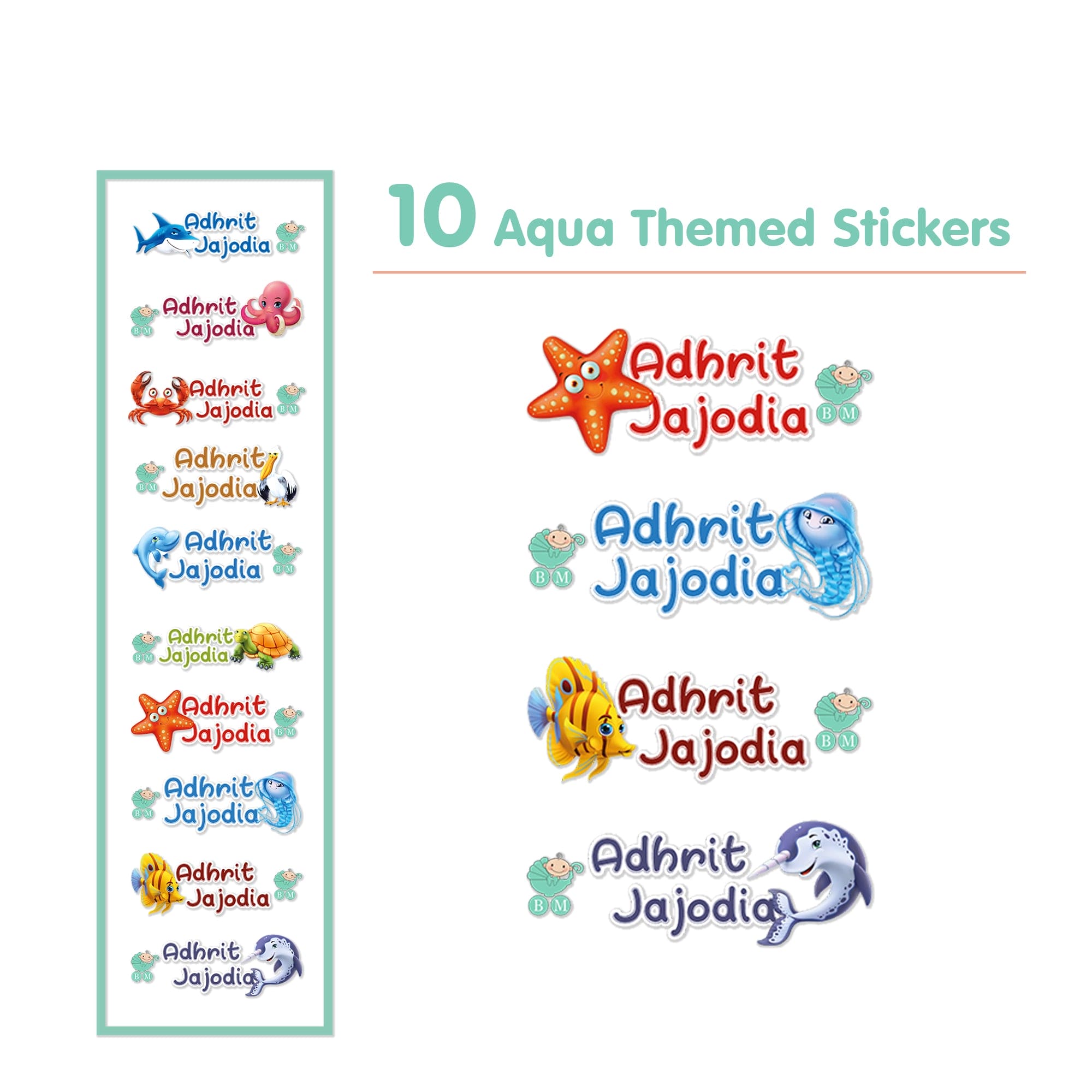 Baby Moo Aqua Personalised Name Self Adhesive Transparent Embossed Stickers, 3D Labels 10 Pcs Stationery Set for Children - Blue