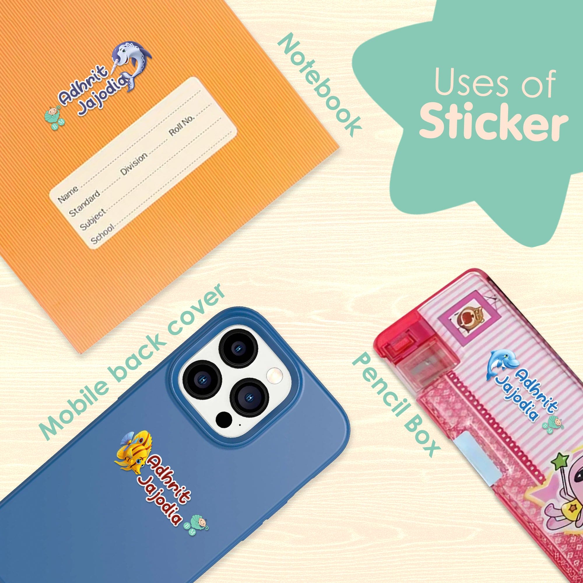 Baby Moo Aqua Personalised Name Self Adhesive Transparent Embossed Stickers, 3D Labels 10 Pcs Stationery Set for Children - Blue