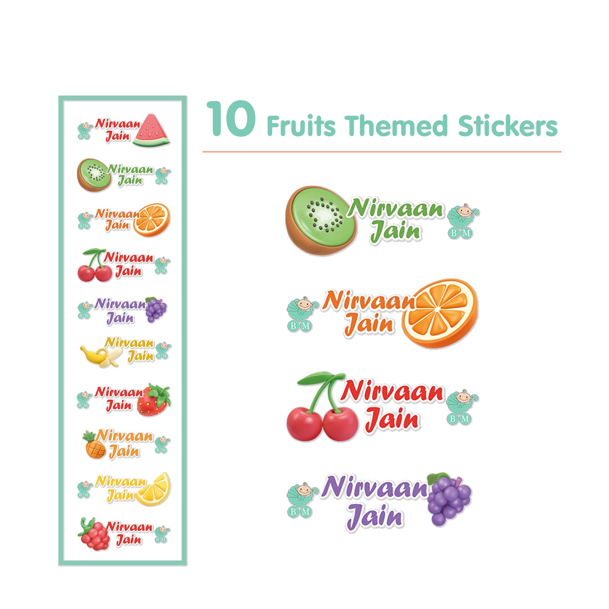 Baby Moo Fruits Personalised Name Self Adhesive Transparent Embossed Stickers, 3D Labels 10 Pcs Stationery Set for Children - Multicolour