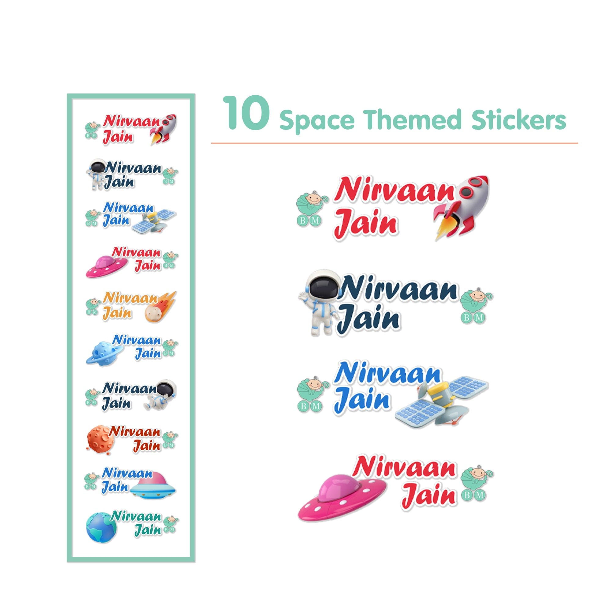 Baby Moo Space Personalised Name Self Adhesive Transparent Embossed Stickers, 3D Labels 10 Pcs Stationery Set for Children - Multicolour