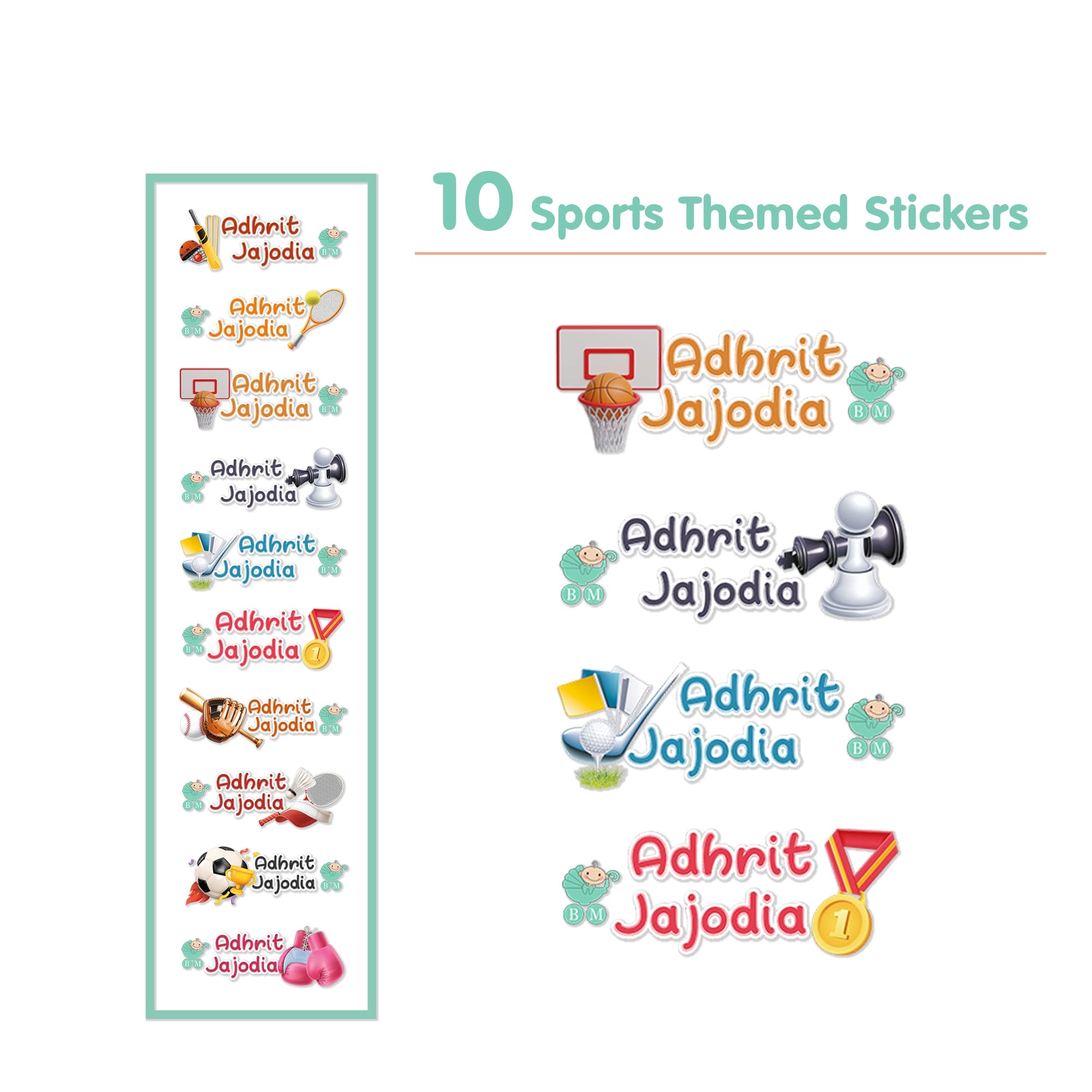 Baby Moo Sports Personalised Name Self Adhesive Transparent Embossed Stickers, 3D Labels 10 Pcs Stationery Set for Children - Multicolour