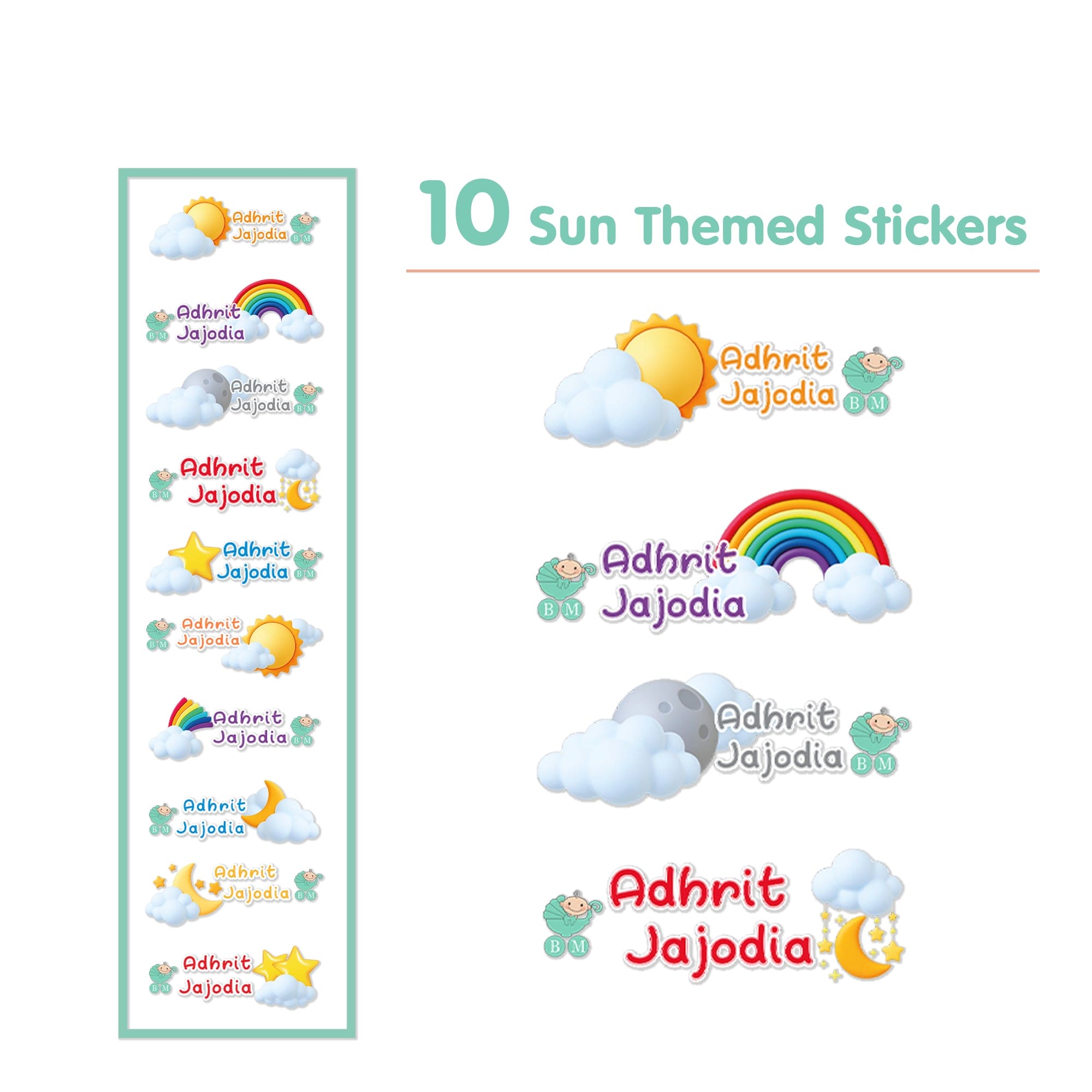 Baby Moo Sun Personalised Name Self Adhesive Transparent Embossed Stickers, 3D Labels 10 Pcs Stationery Set for Children - Multicolour