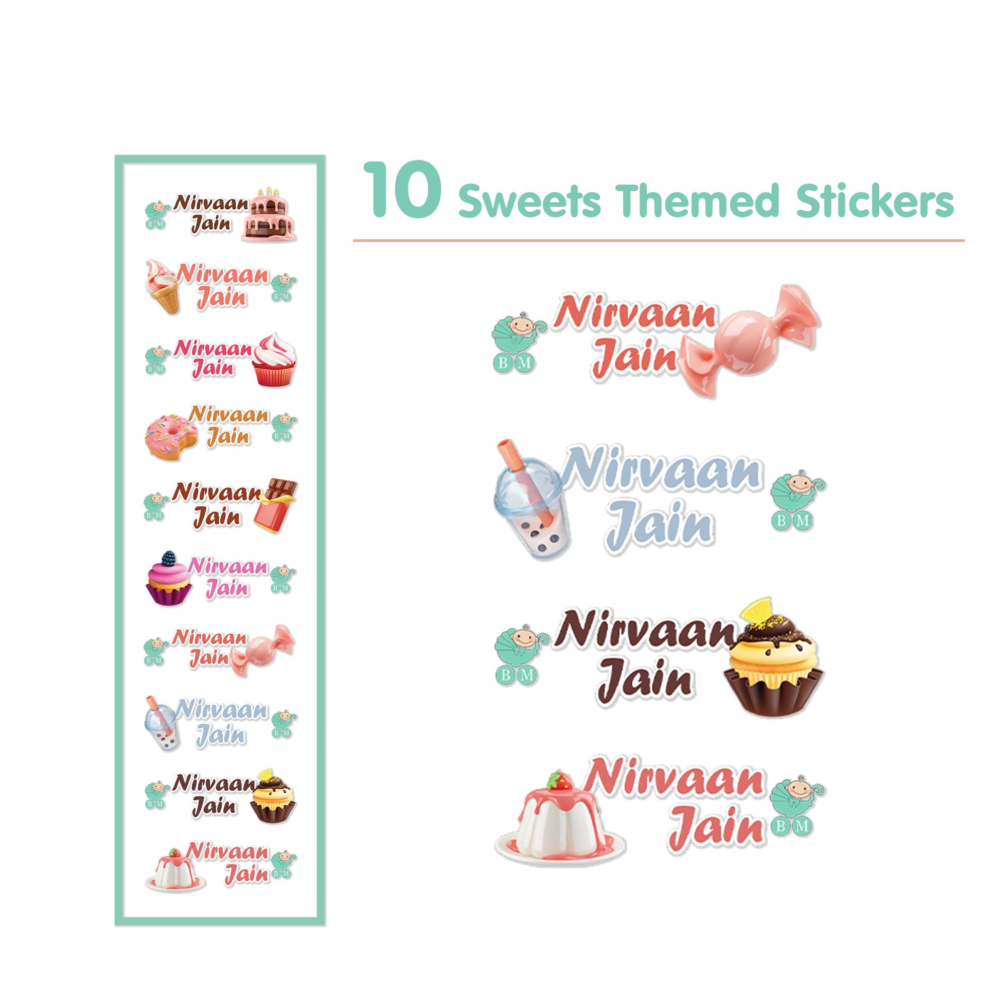 Baby Moo Sweets Personalised Name Self Adhesive Transparent Embossed Stickers, 3D Labels 10 Pcs Stationery Set for Children - Pink