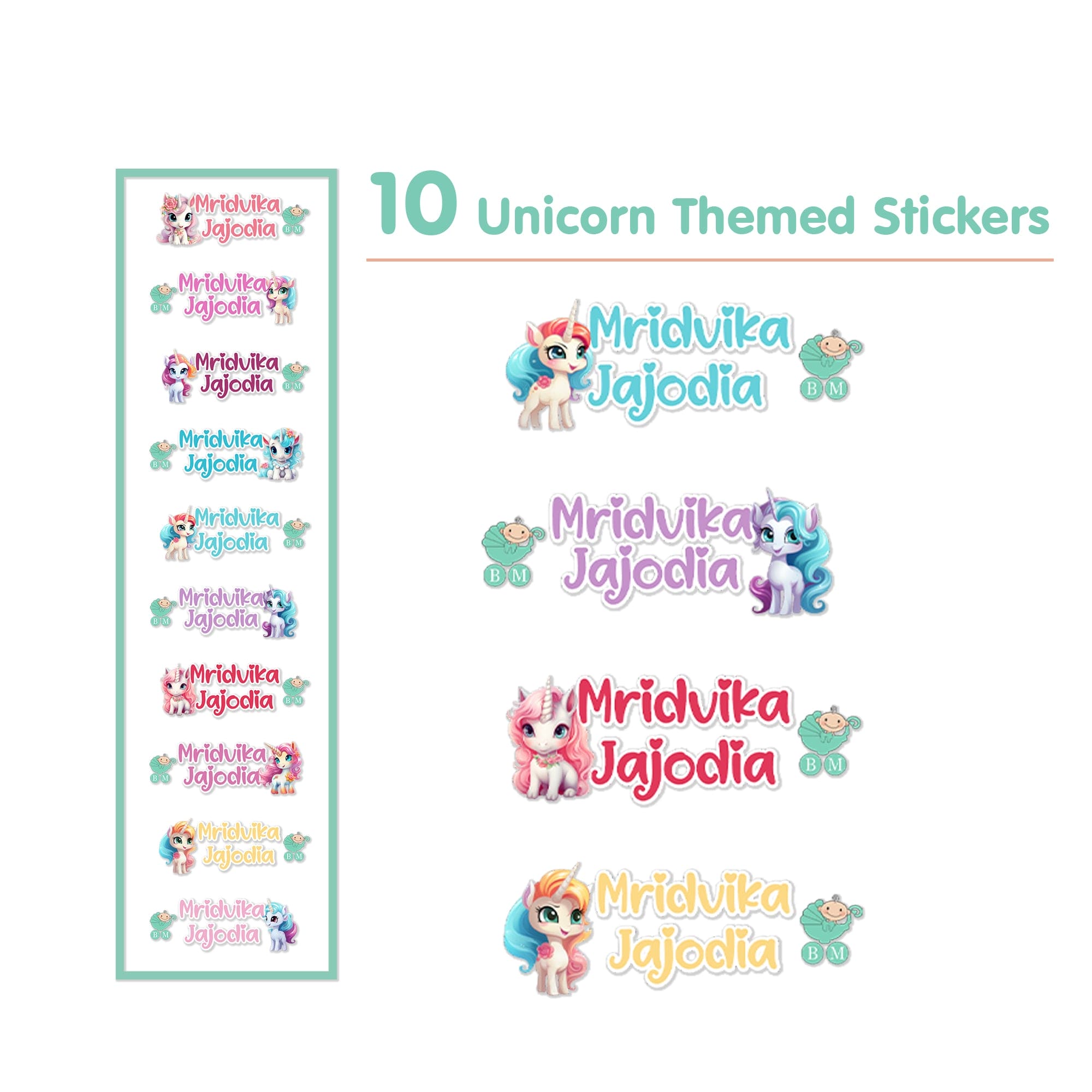 Baby Moo Unicorn Personalised Name Self Adhesive Transparent Embossed Stickers, 3D Labels 10 Pcs Stationery Set for Children - Purple