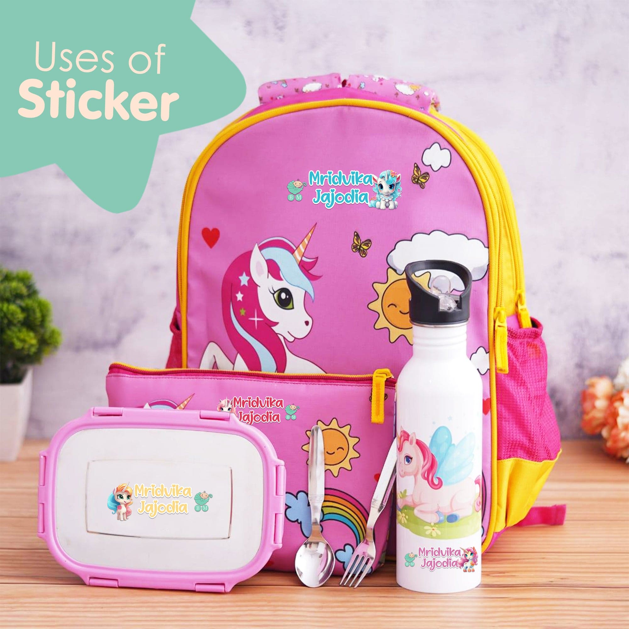 Baby Moo Unicorn Personalised Name Self Adhesive Transparent Embossed Stickers, 3D Labels 10 Pcs Stationery Set for Children - Purple