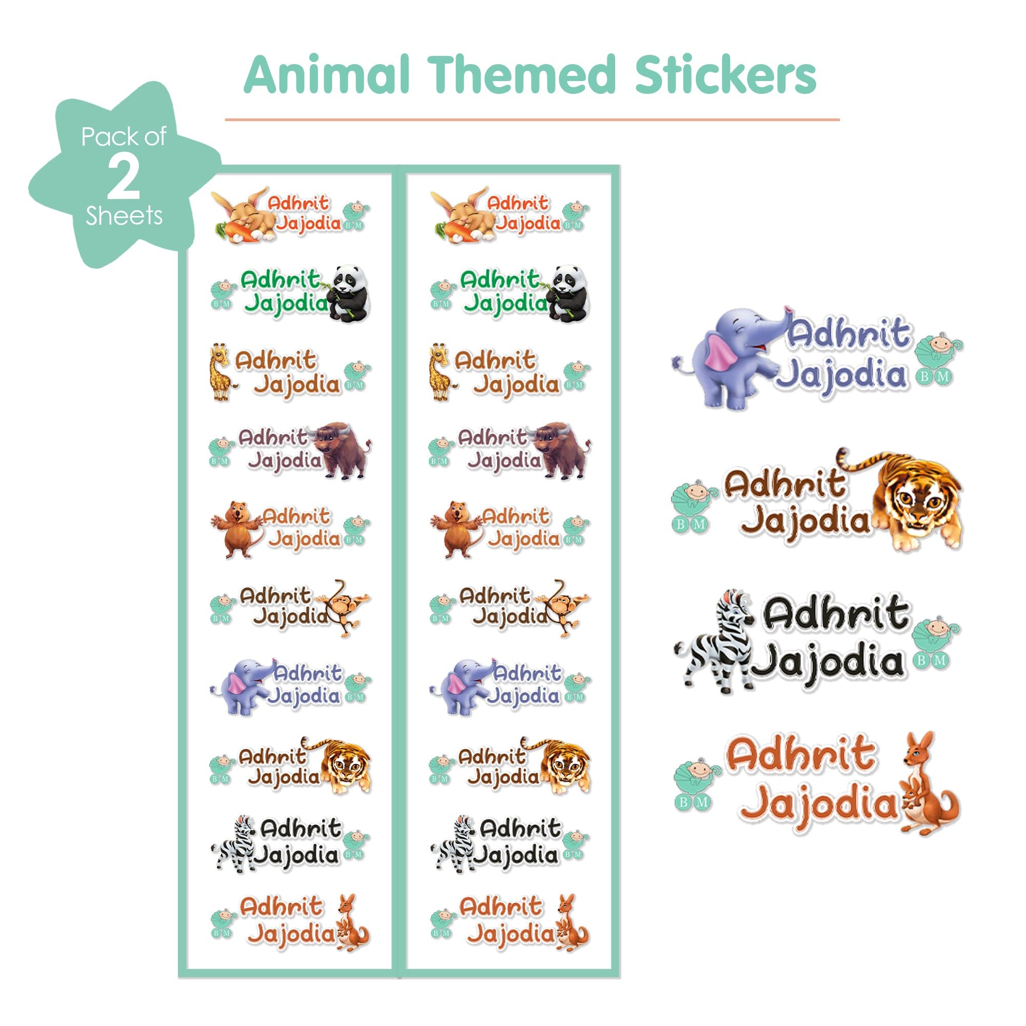 Baby Moo Animals Personalised Name Self Adhesive Transparent Embossed Stickers, 3D Labels 20 Pcs Stationery Set for Children - Multicolour