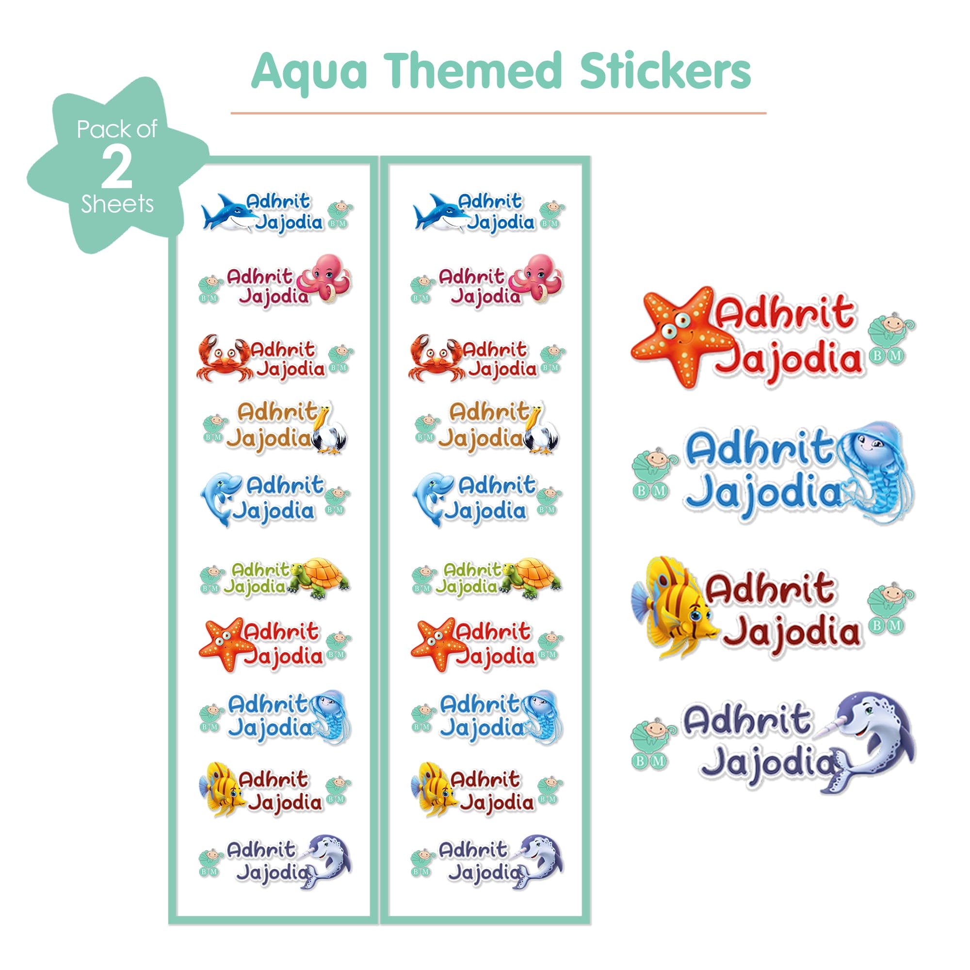 Baby Moo Aqua Personalised Name Self Adhesive Transparent Embossed Stickers, 3D Labels 20 Pcs Stationery Set for Children - Blue