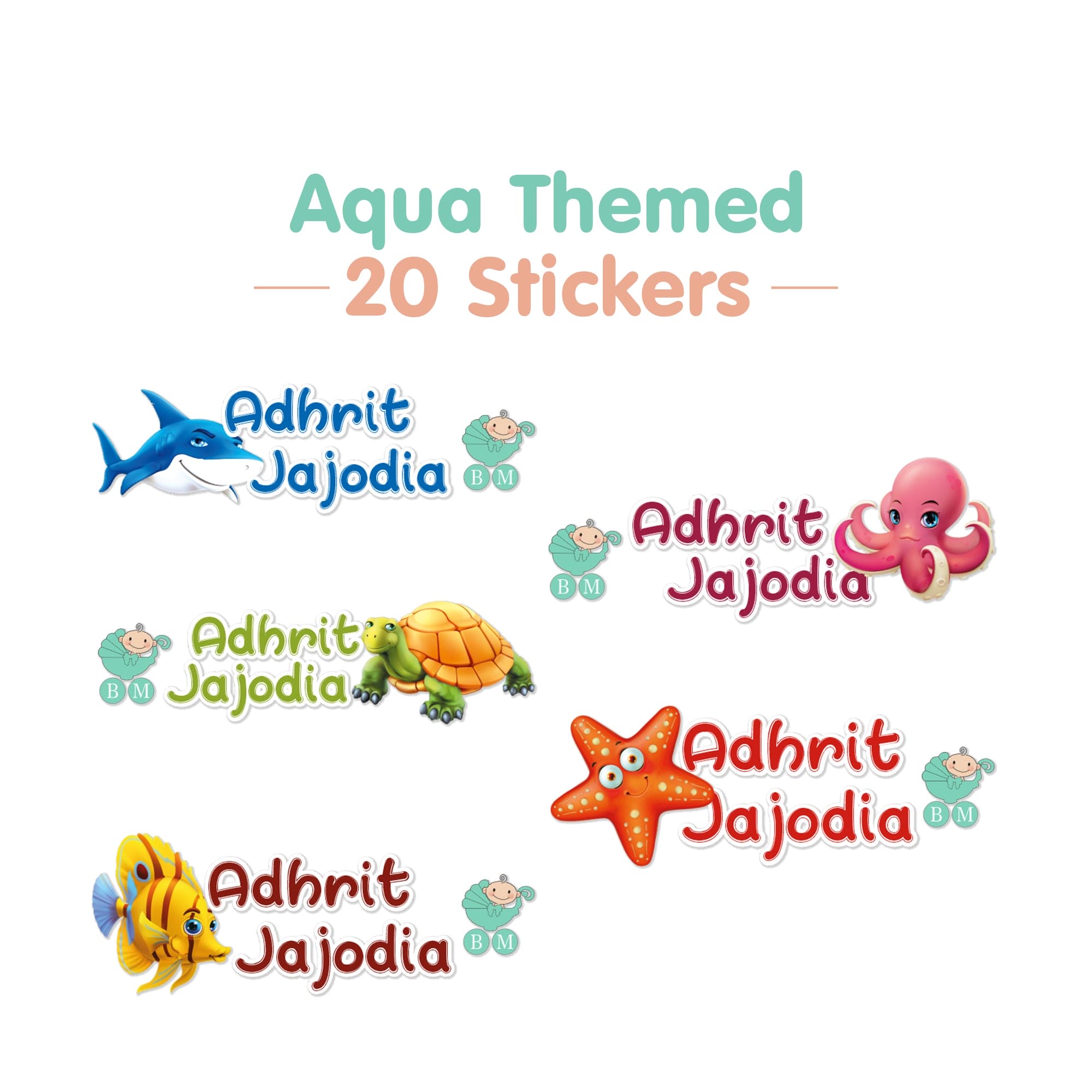 Baby Moo Aqua Personalised Name Self Adhesive Transparent Embossed Stickers, 3D Labels 20 Pcs Stationery Set for Children - Blue