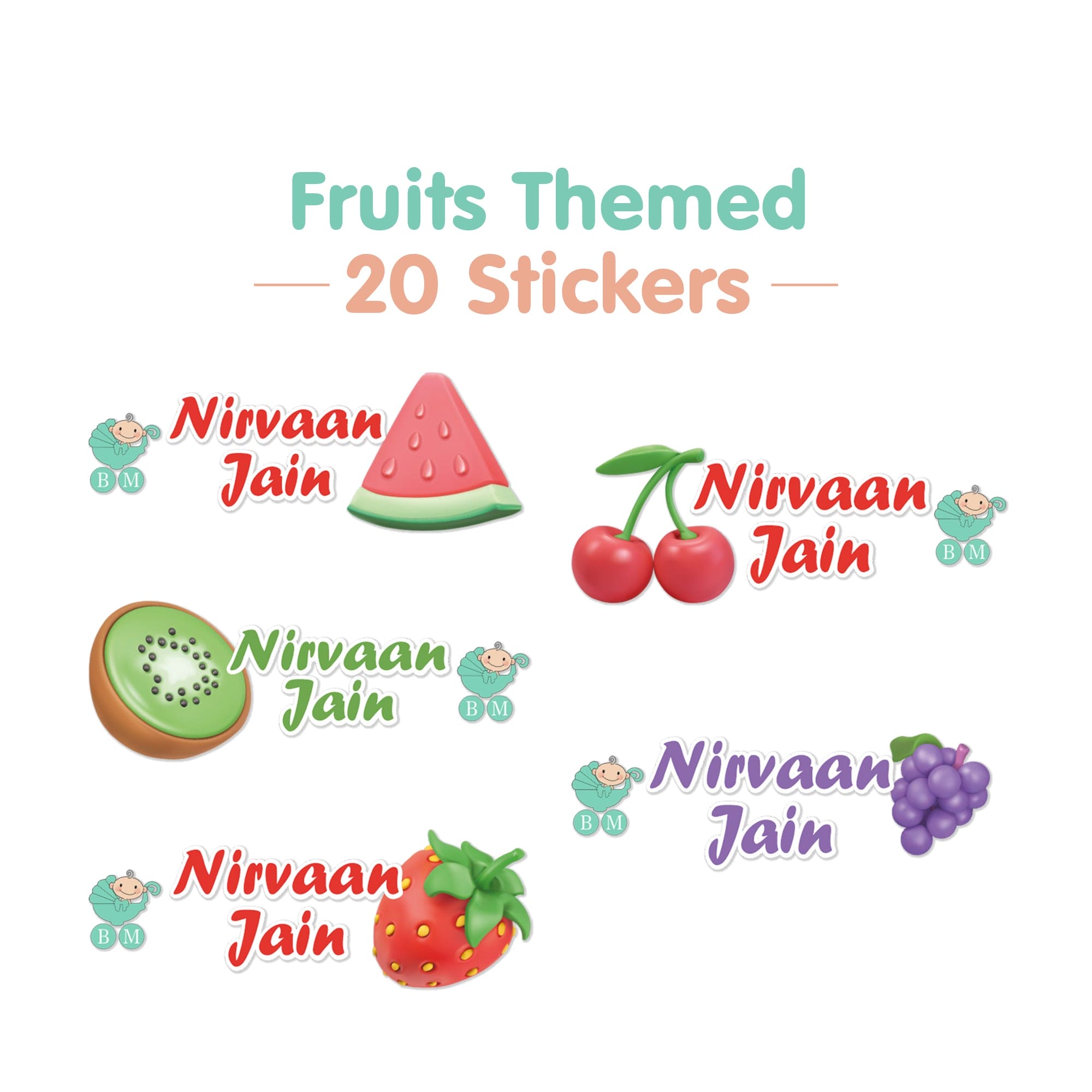 Baby Moo Fruits Personalised Name Self Adhesive Transparent Embossed Stickers, 3D Labels 20 Pcs Stationery Set for Children - Multicolour