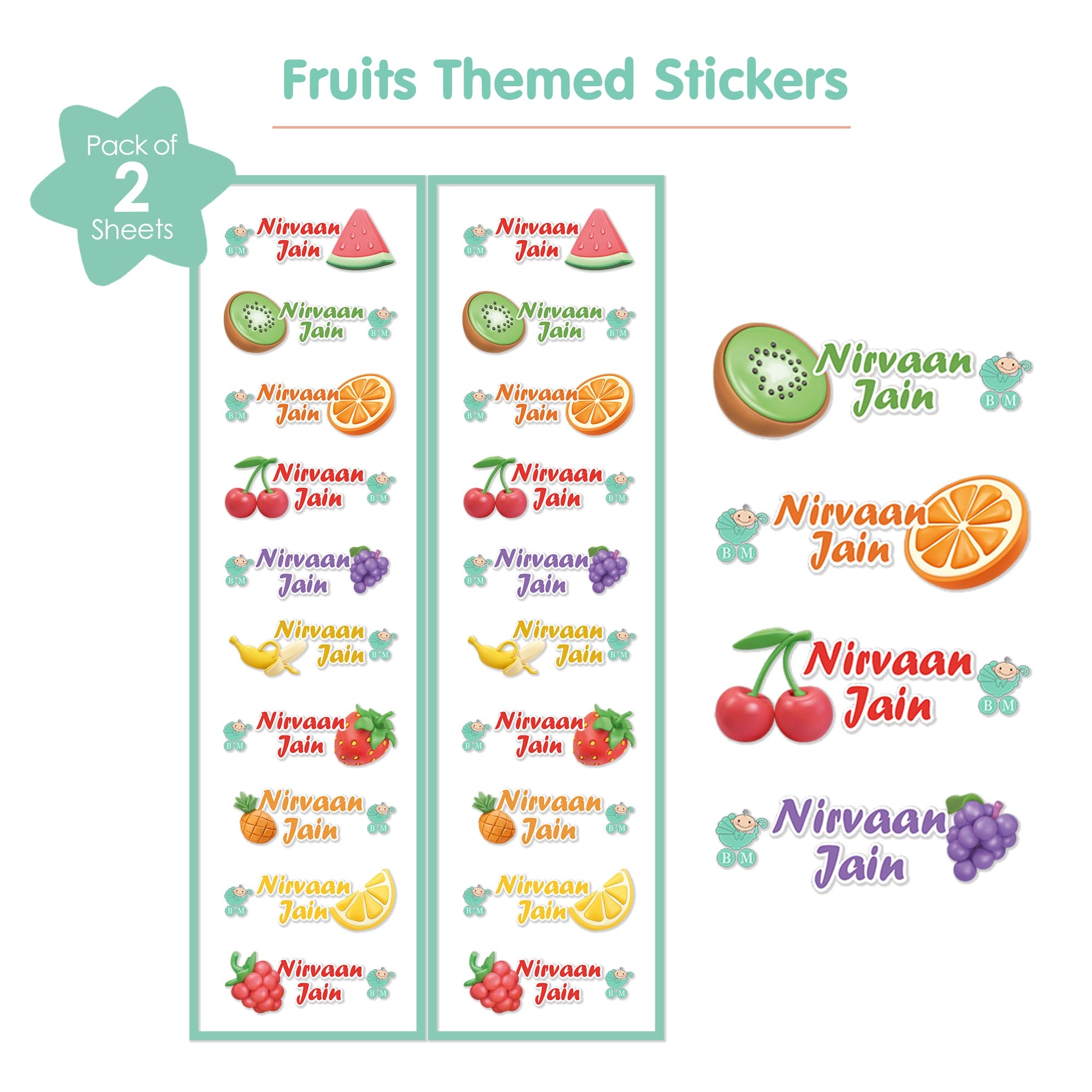 Baby Moo Fruits Personalised Name Self Adhesive Transparent Embossed Stickers, 3D Labels 20 Pcs Stationery Set for Children - Multicolour